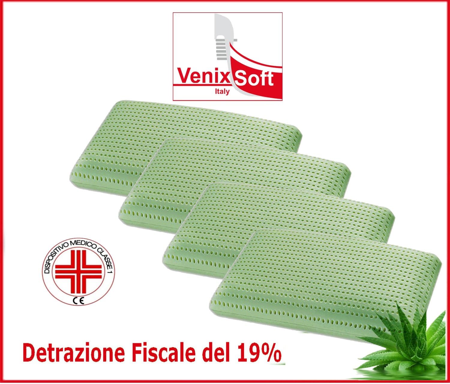 venixsoft 4 Pillows Memory Foam Breathable venixsoft by Classic Shape in Sap of Aloe Vera Relaxing Effect and riposante-dispositivo Doctor Class i-fodera Cotton Removable Cover.Made In Italy Mis 72 x 42 x 13,8 cm