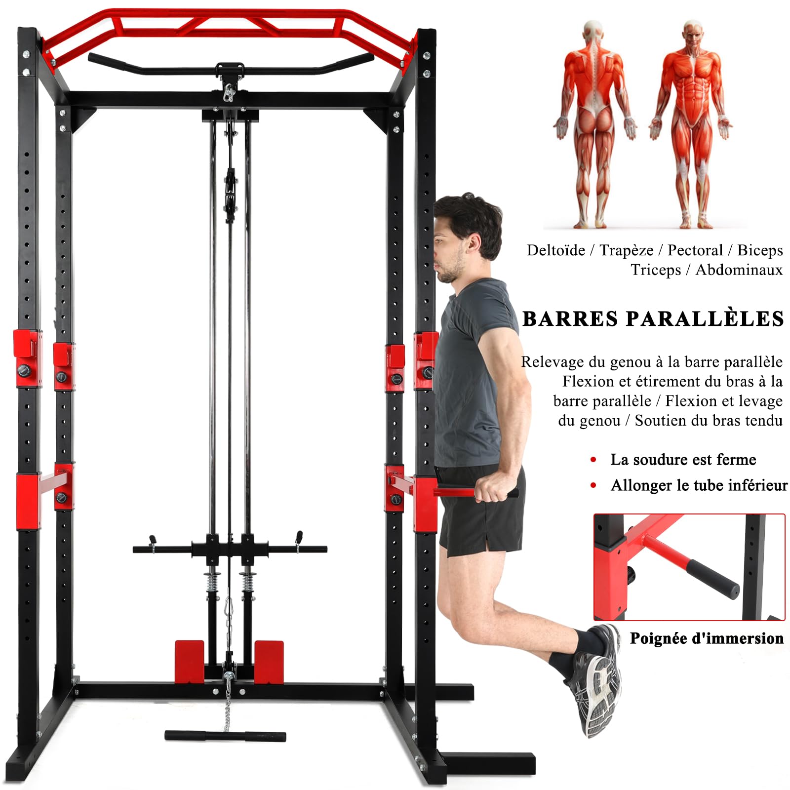 ISE Cage de Musculation Power Rack Cage Squat, Station de Musculation, Barre de Traction et Dips, Barre Multi-Prises et Maintien des Jambes Réglable, Cage Musculation Acier, Rack Musculation