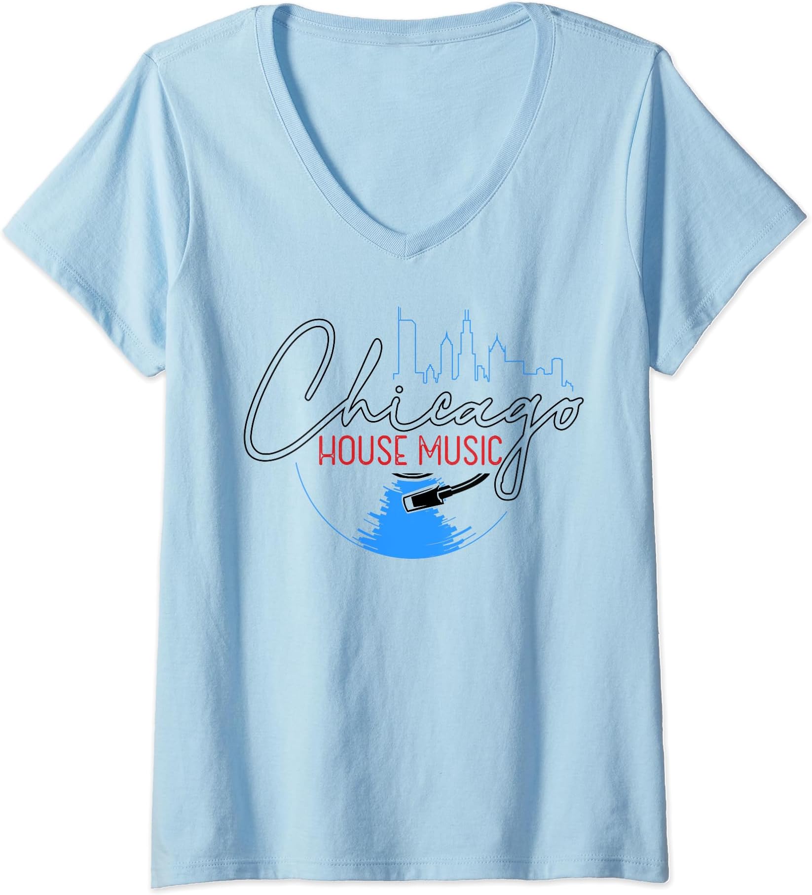 Chicago House Music Vinyl Dj Raver Flag SkylineApparel V-Neck T-Shirt