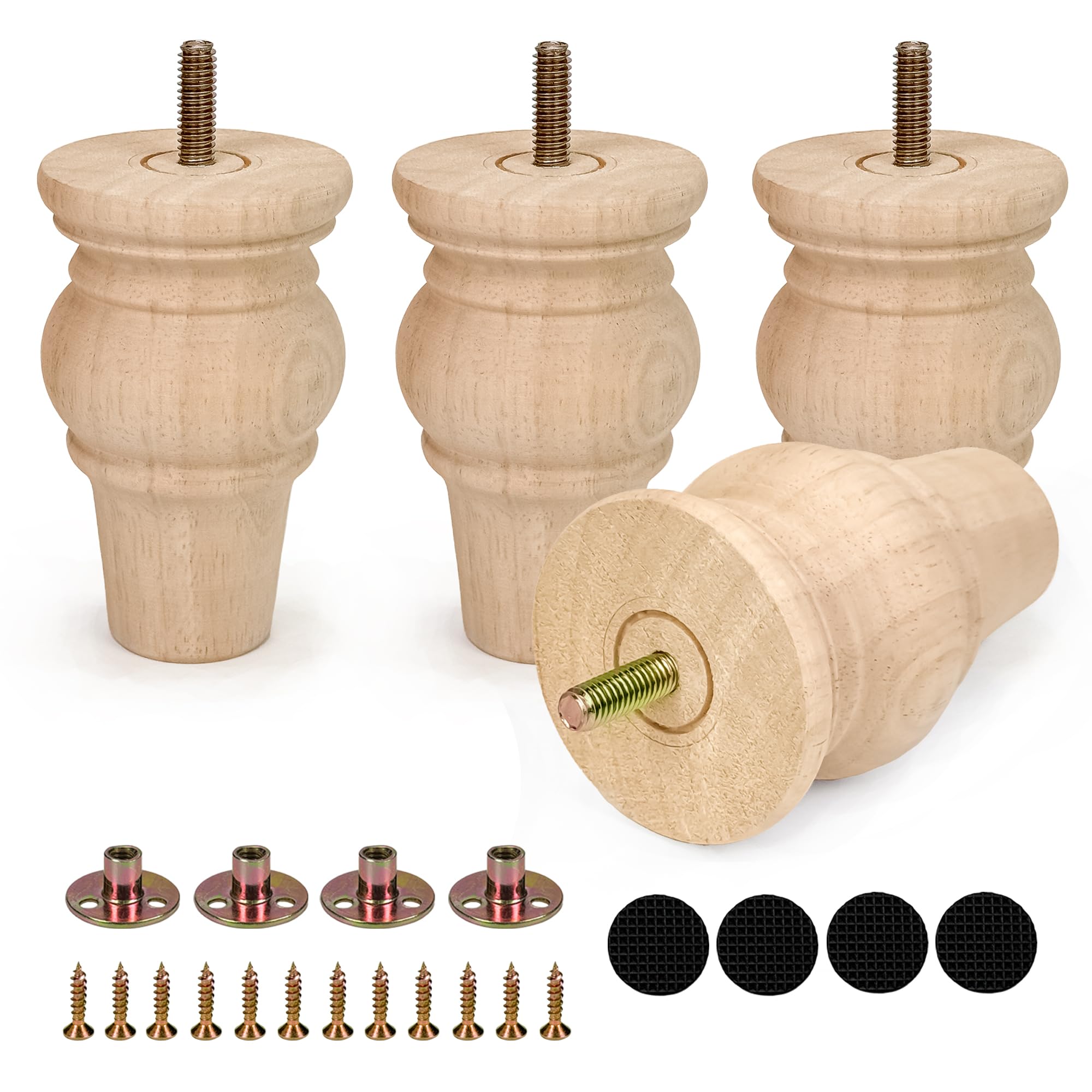 Aiminjey 10cm Wooden Furniture Legs with Mounting Plates Screws Set of 4 Solid Wood Unfinished Round Replacement Furniture Feet for Couch Cabinet Sofa Ottoman TV Stand Home DIY Projects