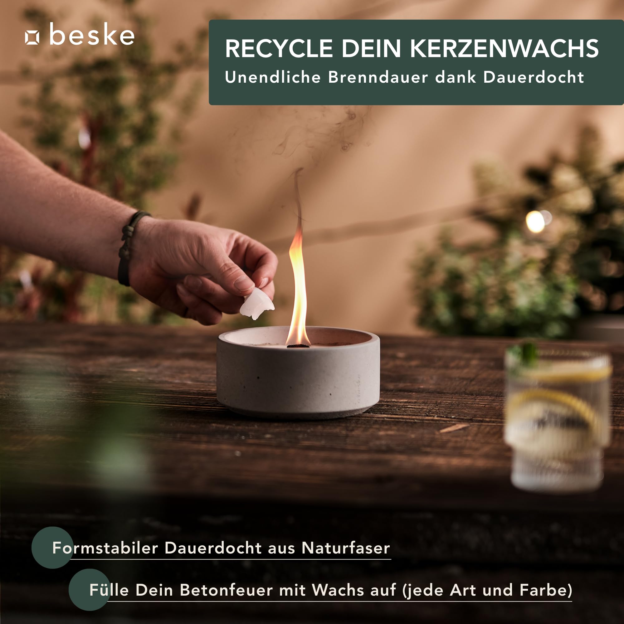 Suma - Das Original | Das Feuer, das für Immer brennt | Kerzenfresser mit Dauerdocht für Garten und Terrasse | Wachsfresser aus Beton | Handarbeit 'Made in Germany' | (Größe M (ø14cm))