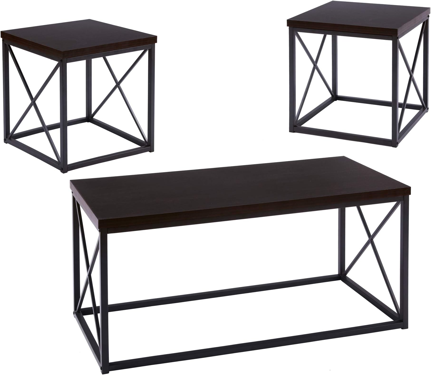 FIVEGIVEN 3 Piece Coffee Table Set Modern Industrial for Living Room Black Walnut