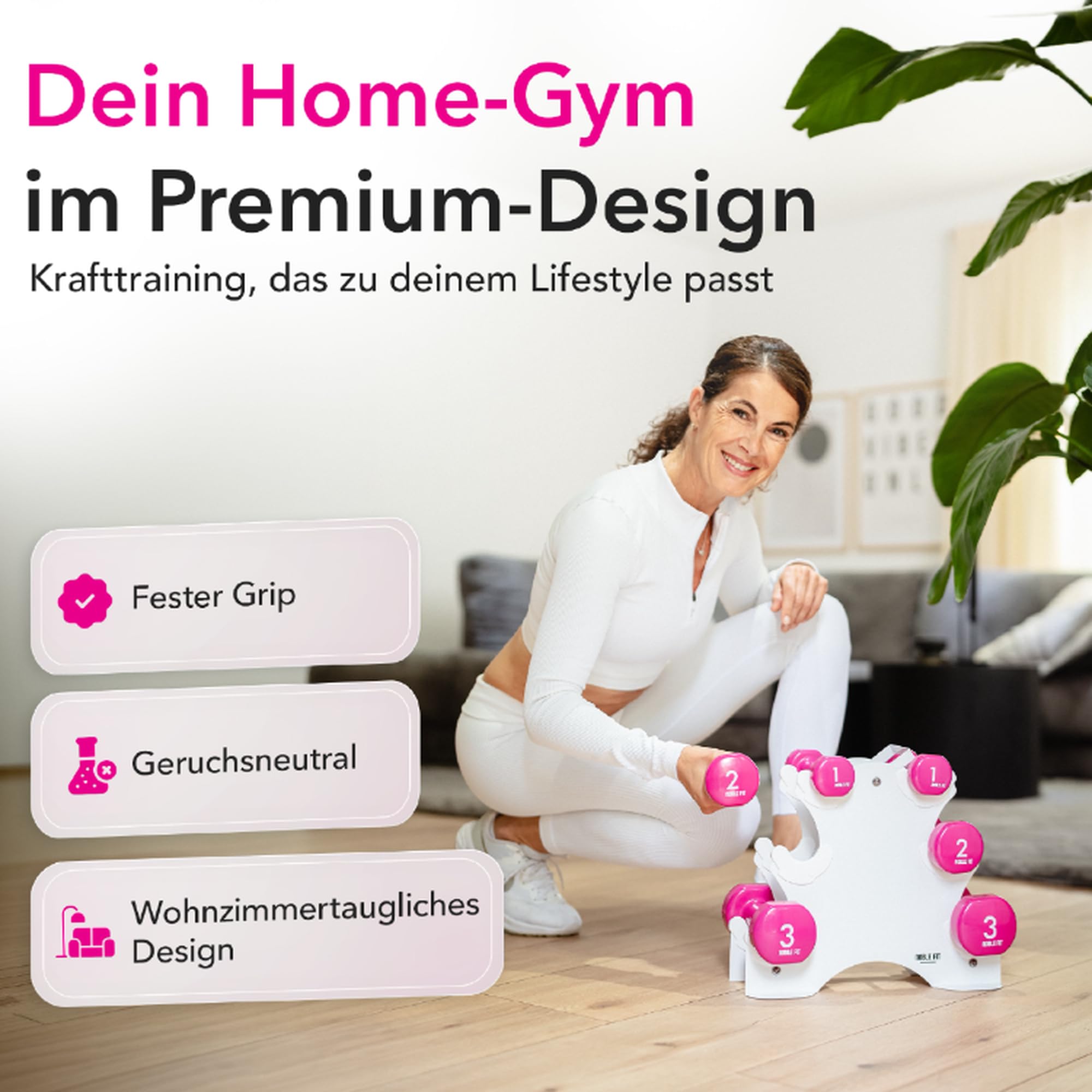Kurzhantel Set 12 kg mit Ständer – Hantelset für Damen & Anfänger – 2x1 kg 2x2 kg 2x3 kg – rutschfeste Vinyl Hanteln – Fitness Zuhause Home Workout inkl. 60 Min. Trainingsvideo