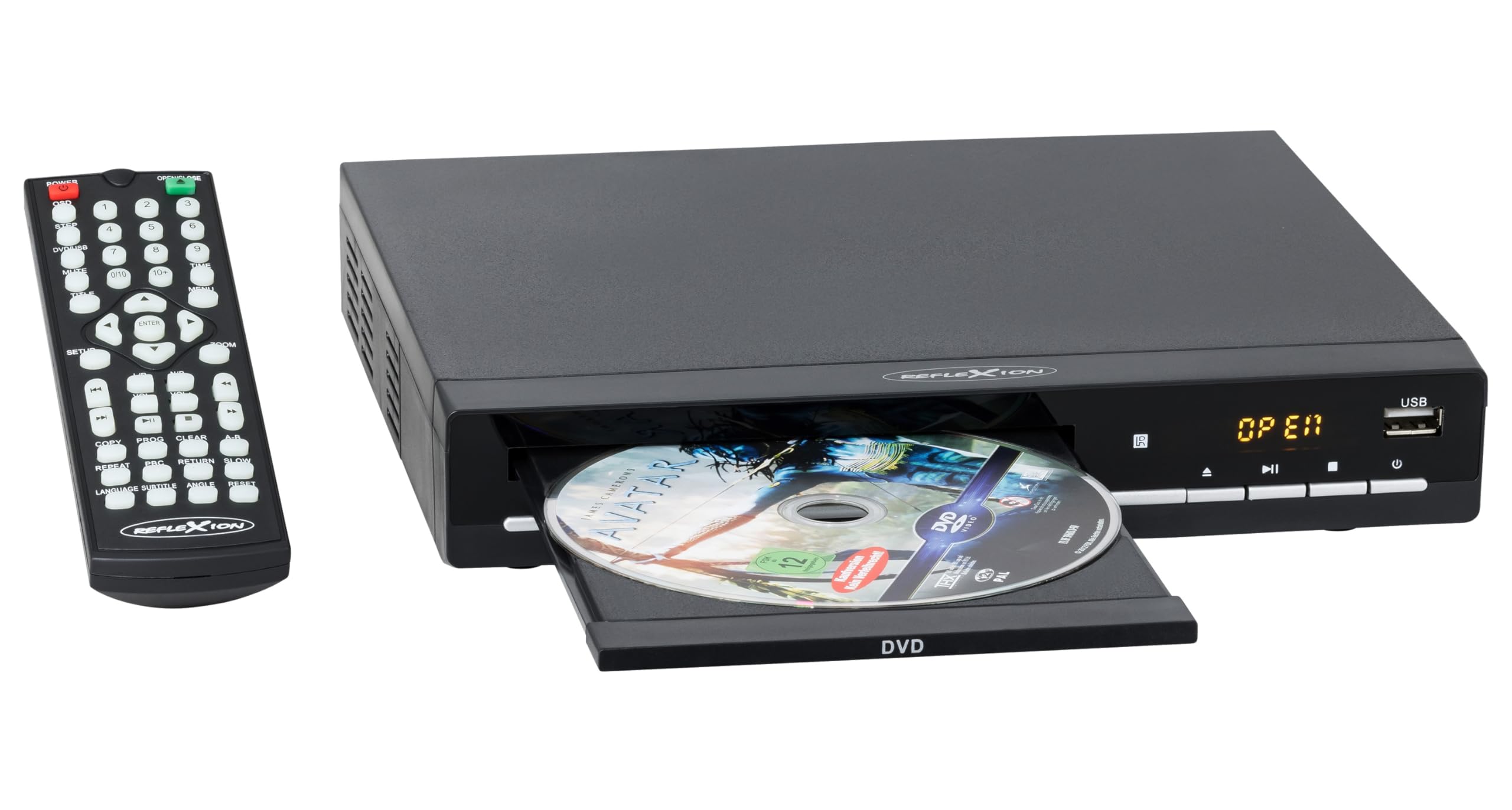 Reflexion DVD-/CD-Player DVD426 mit HDMI & USB | Kompakt mit Display & CD-zu-USB-Kopierfunktion | Unterstützt DVD/CD/MP3/AVI | Fernbedienung & AV-Kabel inklusive | Schwarz