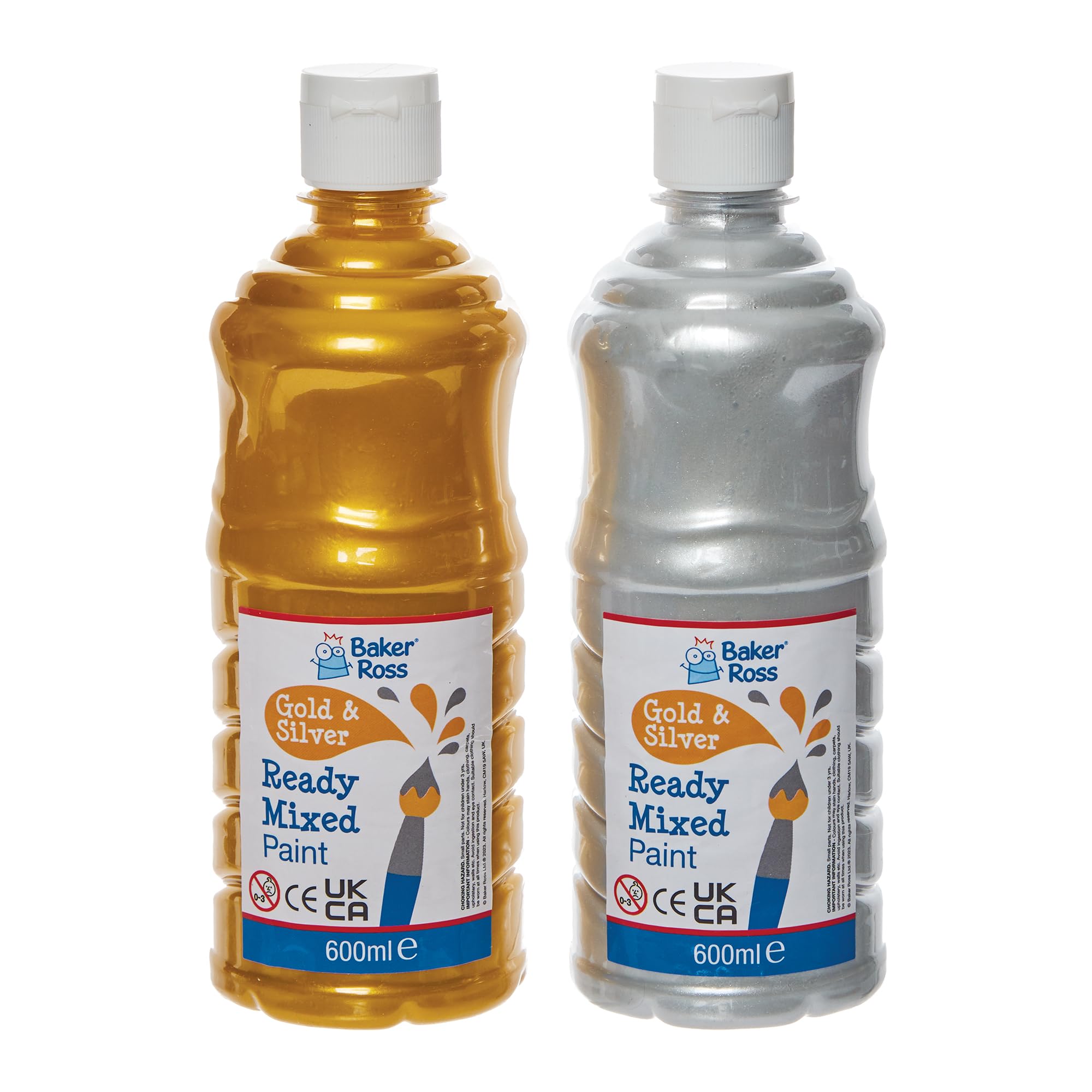 Baker Ross FN242 Gold and Silver Ready Mixed Poster Paints 600ml - Box of 2, Paint Value Pack of Bottles, Paint for Kids