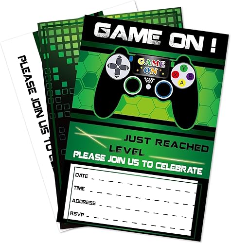 WERNNSAI Juego de 20 invitaciones para fiesta de cumpleaños de videojuegos con sobres, invitaciones de fiesta de juegos verdes para niños,