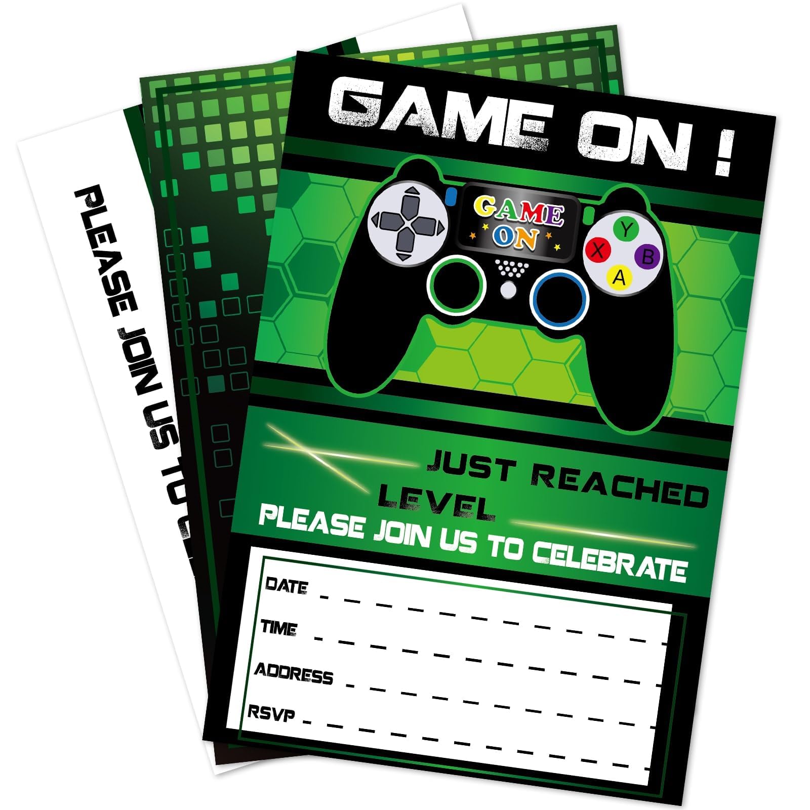 WERNNSAI 20 Set Video Game Birthday Party Invitation with Envelopes-Green Game Party Invites for Boys Gaming Theme Party Supplies Double-Sided Printed Invitation Cards for Baby Shower Celebration