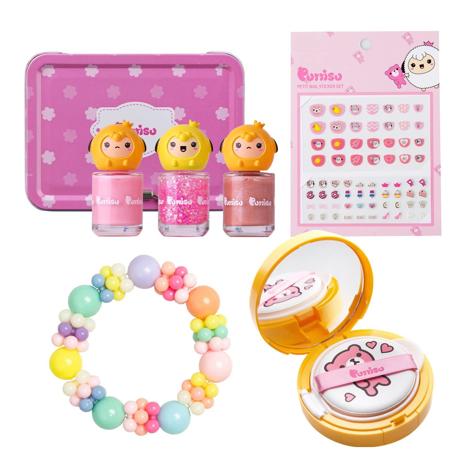 Puttisu Deluxe Macaron Gift Set - 1-Sun Cushion, 1-Nail Sticker Sets (#01 Strawberry Cake Yummy), 1-Bangles (Bubble), 3-color Nail Art Set (Macaron)