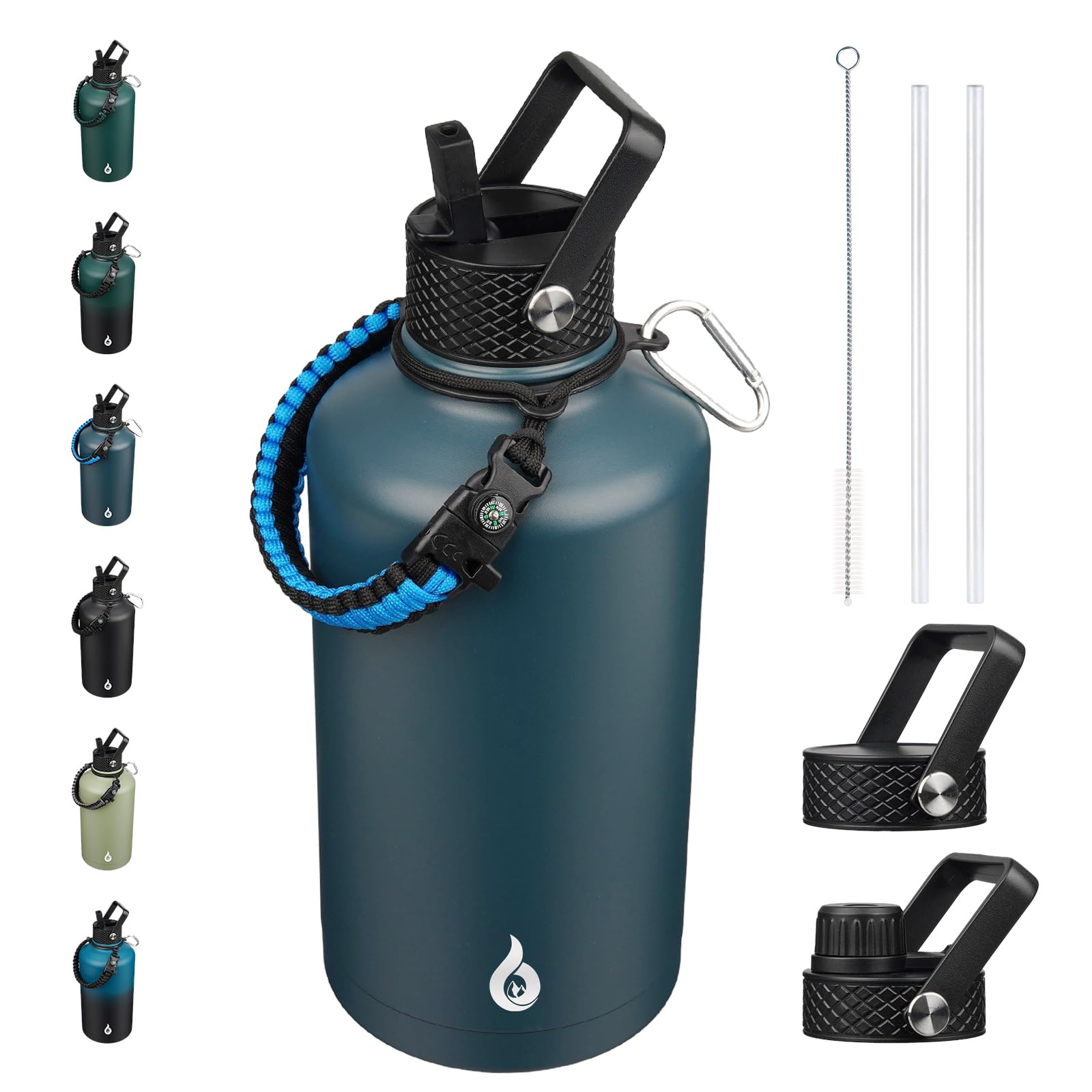 BJPKPK Botella de agua de 0,7 l con tapa de paja, 1,4 l, 1,8 l, 2466,4 g, 3,7 l, botella de agua grande de acero inoxidable con 3 tapas y mango de paracorde, jarra de metal al vacío