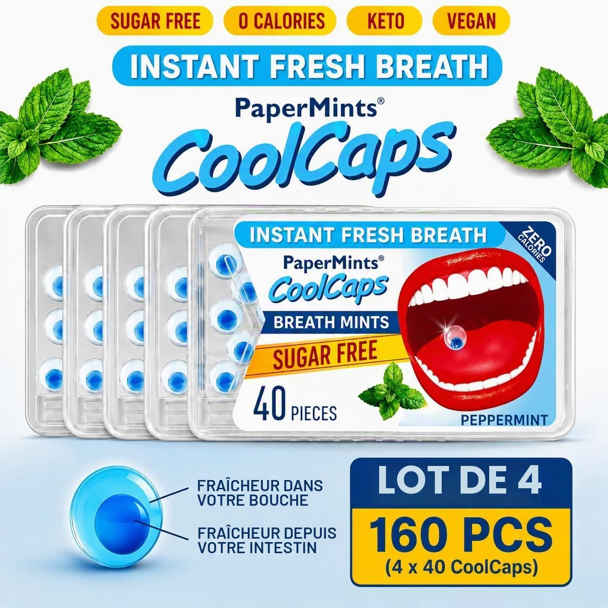PaperMints CoolCaps Lot de 4 sachets de 160 capsules Instant Fresh Haleine Menthes sans sucre Traitement extrême de la mauvaise haleine pour adultes Perles désodorisantes pour traitement de l'halitose