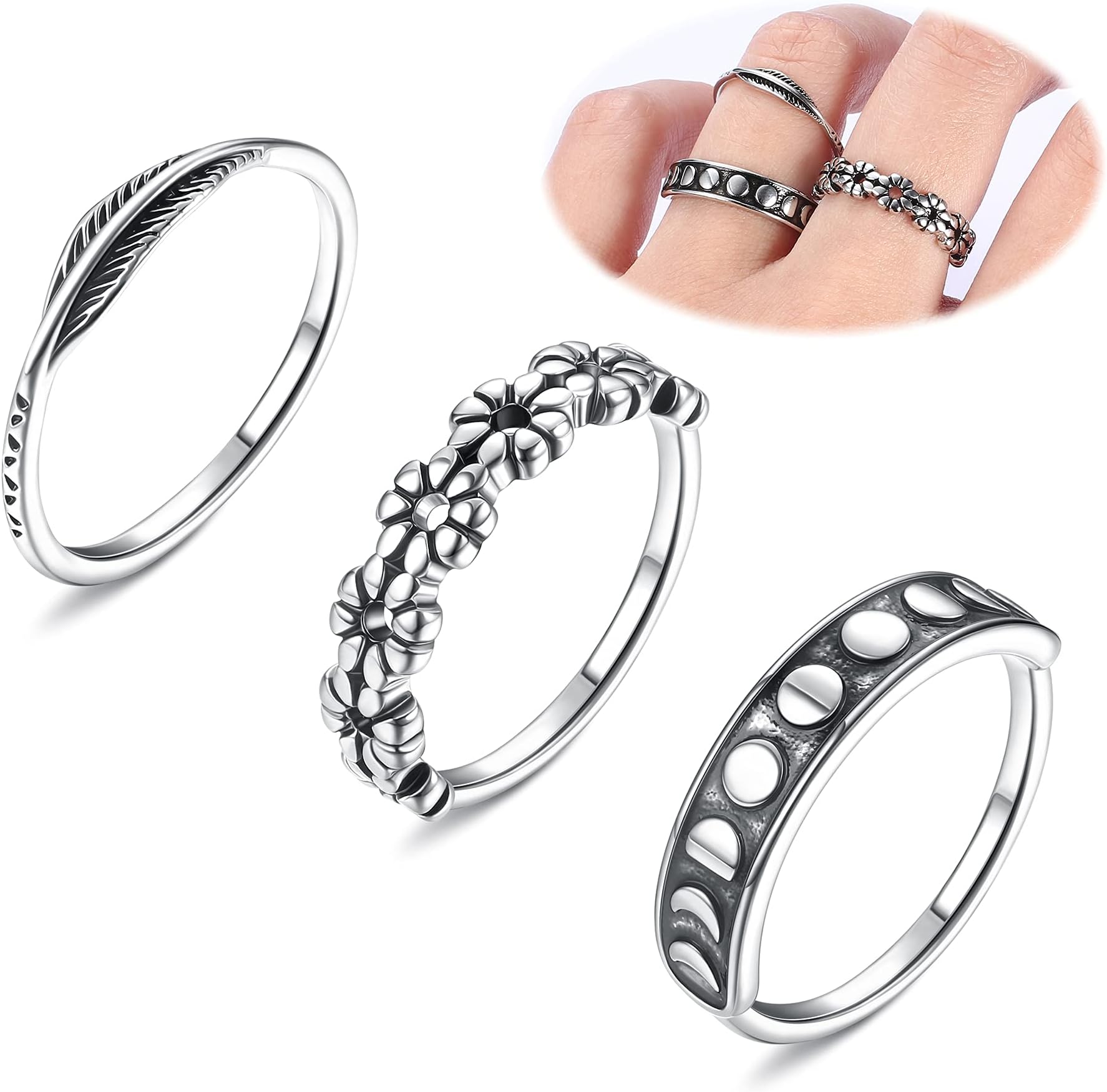 3Pcs Vintage Rings for Women Teens Black Band Moon Phase Finger Ring Daisy Flower Leaf Ring Minimalist Cute Stacking Finger Rings Set Couple Rings Size 5-9