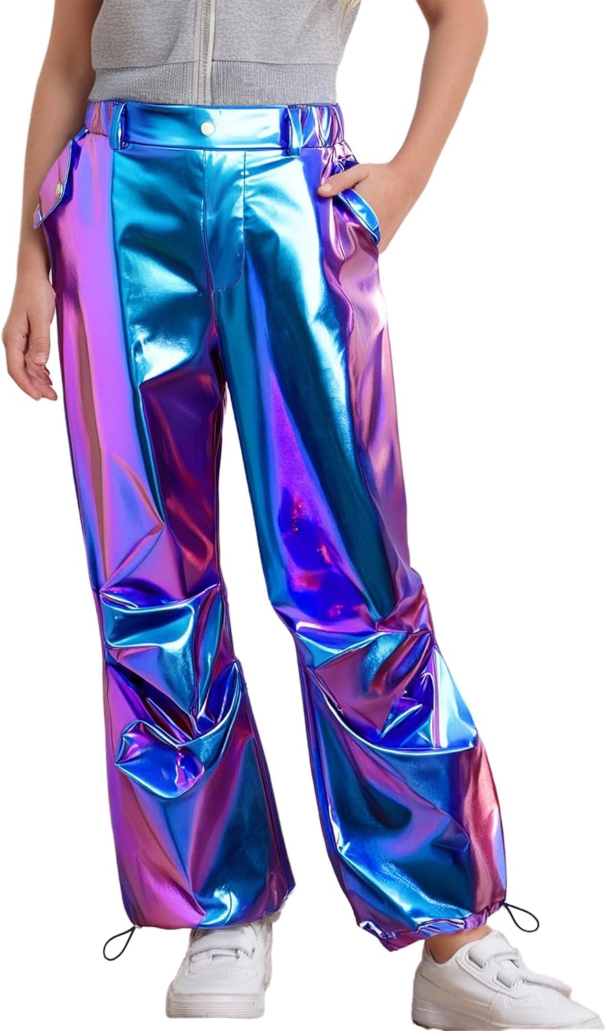 Aislor Kids Girls Ruched Metallic Cargo Pants Jazz Hip Hop Street Dance Trousers Joggers Pants Performance Bottoms