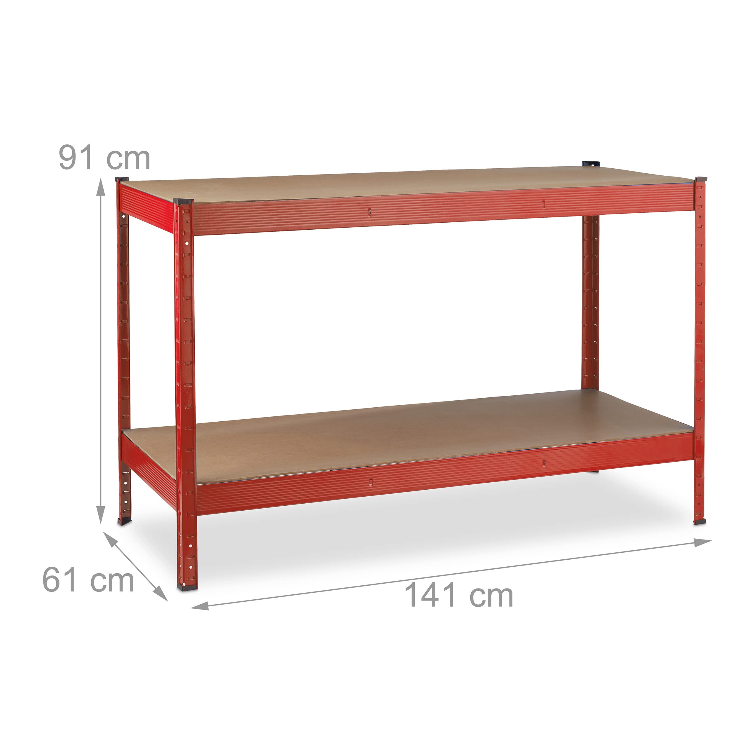 Relaxdays Banco da Lavoro Officina, Tavolo da Garage, 2 Scaffali, Altezza Regolabile, Acciaio e MDF, 91x141x61 cm, Rosso