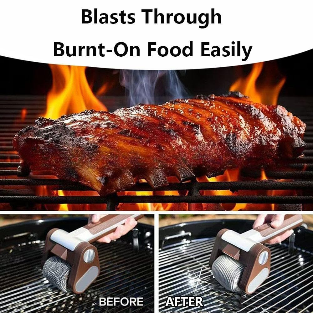 Spazzola Elettrica Senza Fili per Griglie, Pulitore Ricaricabile per Barbecue con Rullo Rimovibile in Acciaio Inox E Luce LED, 350 RPM, Adatta per Griglie da Interno Ed Esterno Brown