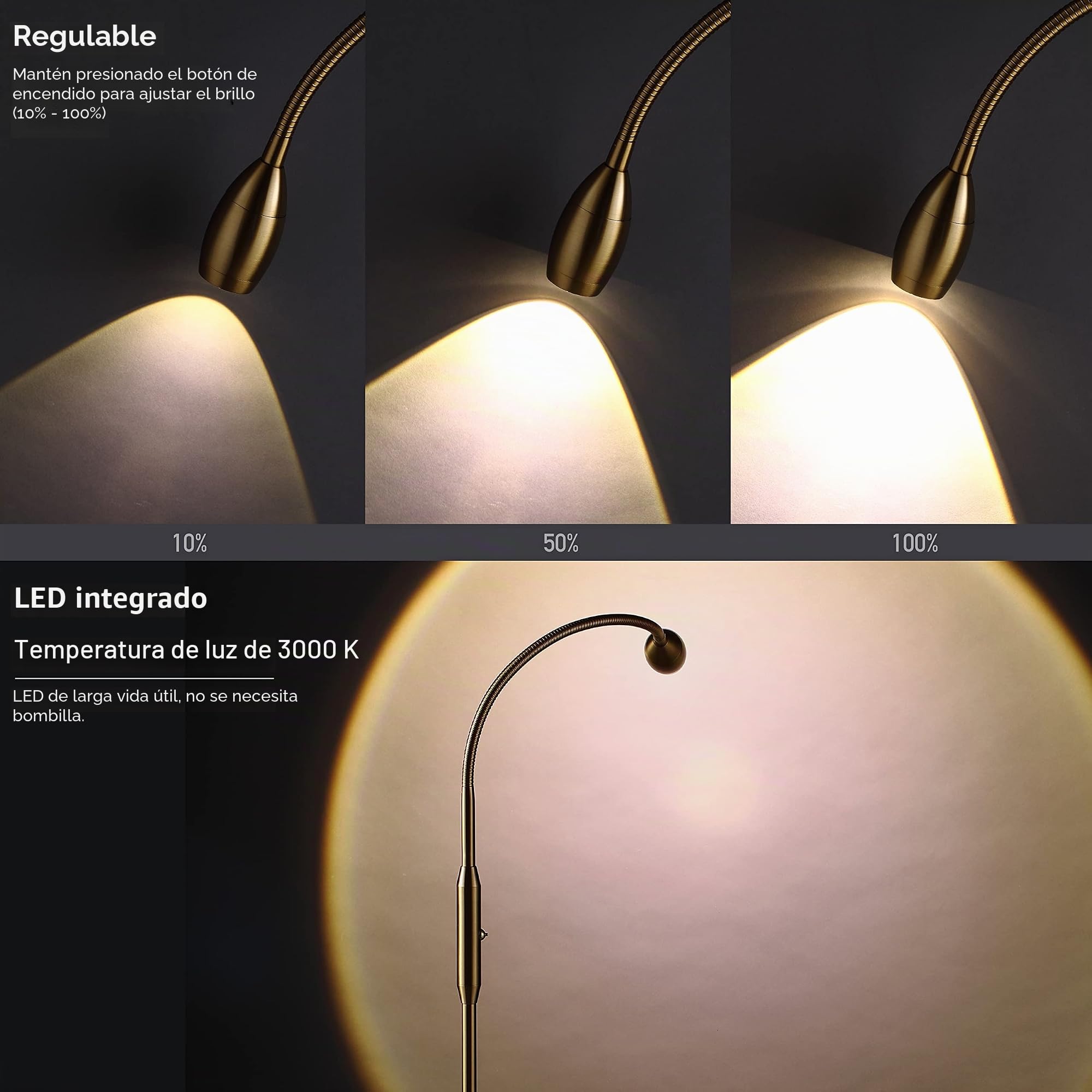 O'Bright Ray - Lámpara de pie LED ajustable, foco regulable y zoom, tamaño de ganso flexible, lámpara de pie para lectura/manualidades, lámpara de escritorio, latón antiguo