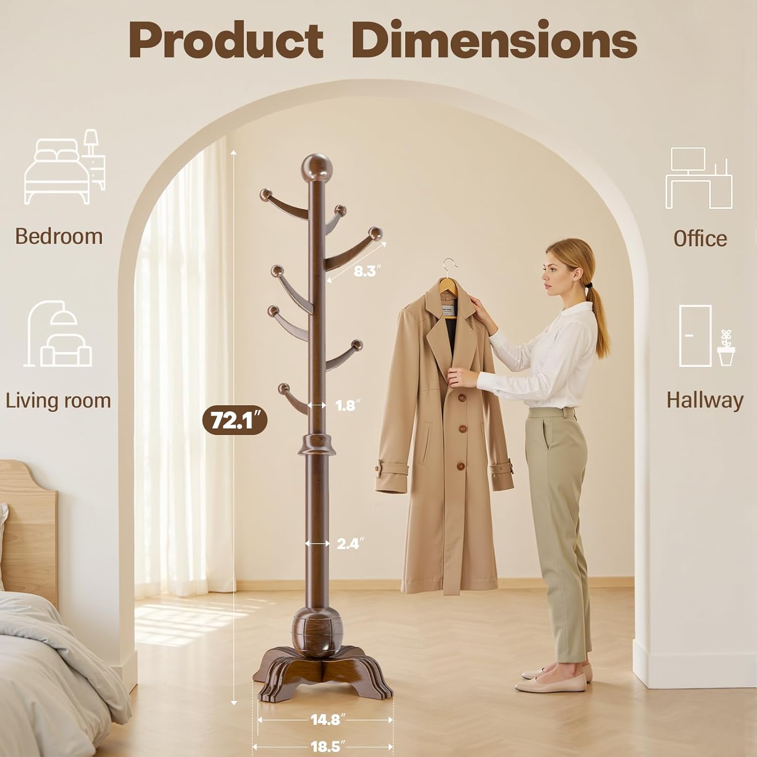 Hall Tree, Freestanding Wood Tree Rack with 7 Hooks, Coat Rack with Stable Sphere Base, Wooden Coat Rack Stand, Load 210 lb, Coat Hanger Stand for Entryway, Hallway, Bedroom, H:72 in, Walnut
