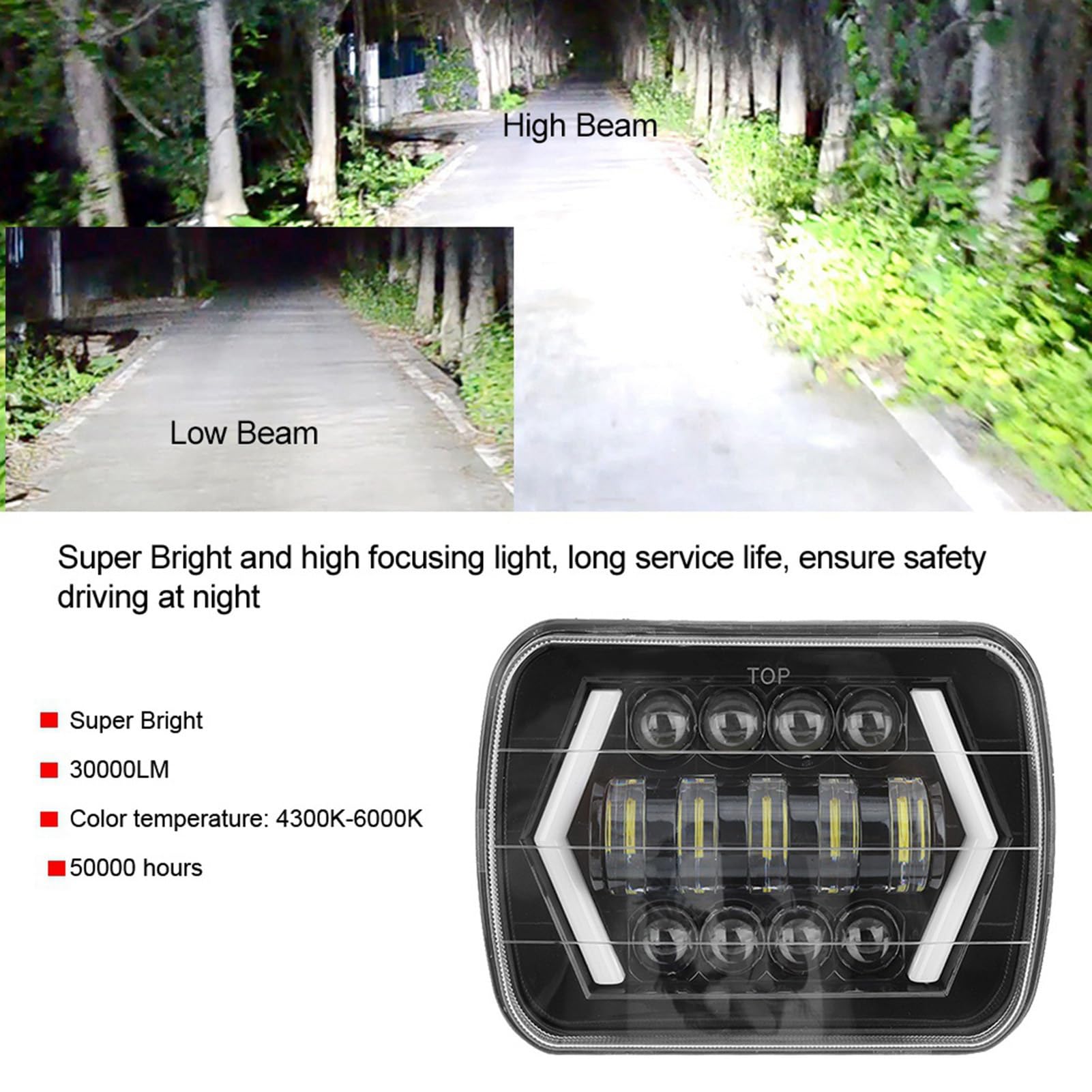 Akozon Faros Delanteros Faros Delanteros de Automóviles Carcasa Frontal de Aluminio Lámpara Frontal Cuadrada 300 W 7 pulgadas LED