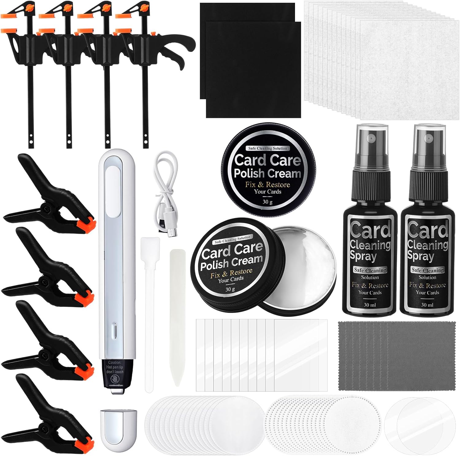 Grinsvalley 213 Pcs Card Cleaning Kit Sports Trade Card Flattening Tool Kit, Cleaning Spray, Polishing Paste, Microfiber Cloth, Acrylic Sheets, Plastic Clamps, Thermal Pen, PC Sheets