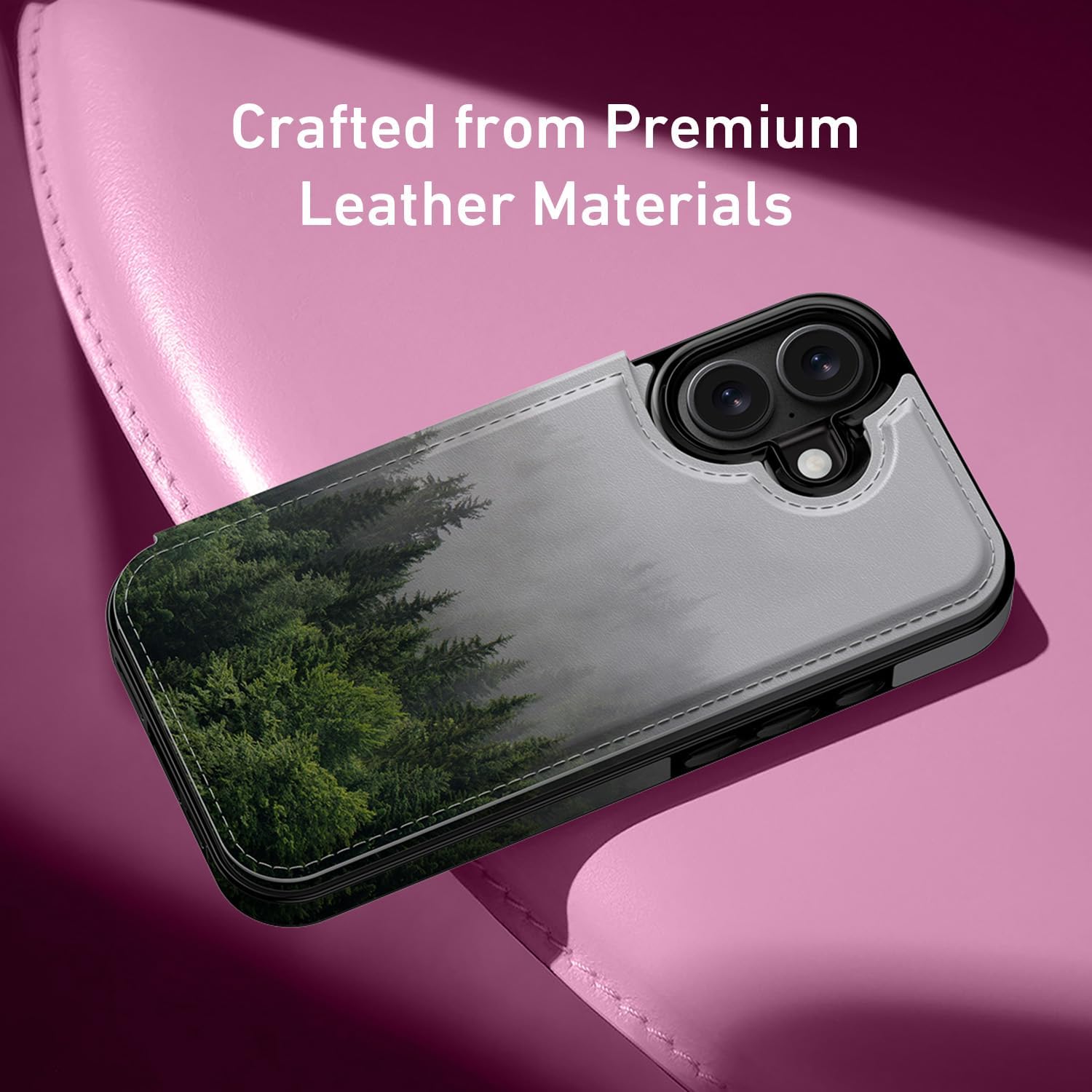 LETO for iPhone 17 Wallet Case with Card Holder - Flip Folio Leather Kickstand - Fashionable Flower Designs - Shockproof Protective Phone Cover for Women and Girls - Fog and Trees - Image 4