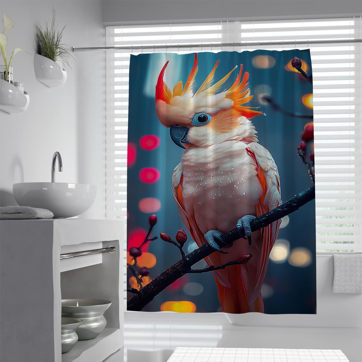 UIRINGART Cockatoo Shower Curtain W120xL200cm Exotic Parrot Bird Tree Branch Waterproof Mould Resistant Washable Fabric Bath Curtains Bathroom Decor with Hooks
