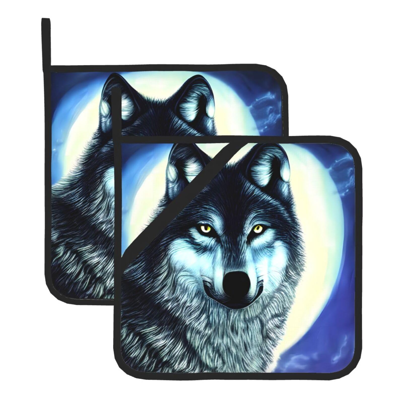 WHJDPP wolf under moon Prints Square Hot Pads for Kitchen - Waterproof Pot Holders Set of 2, Durable Trivets with Pocket & Hanging Loop for Hot Dishes & Oven Use