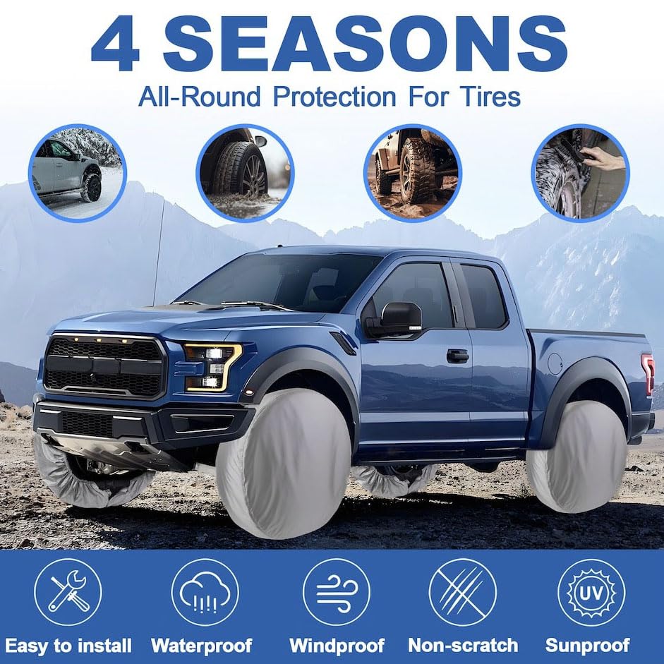 Image of Tire Covers Set of 4,Fits 24 inch-26 inch Inch Tire 420D Uv Resistant Wheel Covers | Provide Year-Round Protection for Your Trailer,Truck, Rv, Campervan, Car,Tires Paint Masker /Protection,Water,Bring Windproof