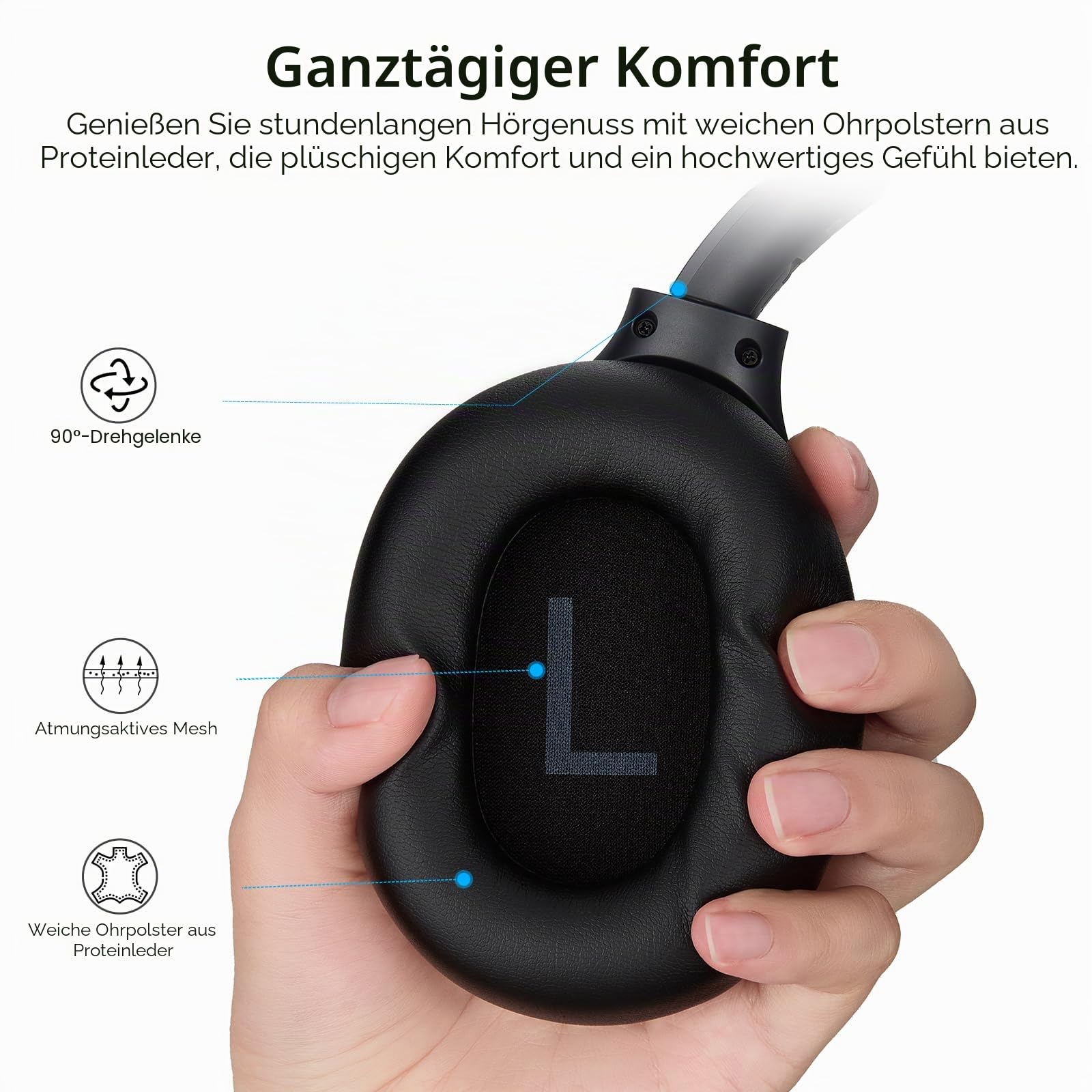 TOZO HT3 Hybrid ANC Over-Ear Kopfhörer Kabellos Bluetooth Hi-Res Audio | 90 Std. Akku, 5 Mikrofone mit KI-ENC, Transparenzmodus, Dual-Geräte-Verbindung, 32 EQ Modi, Spatial Audio, Low-Latency