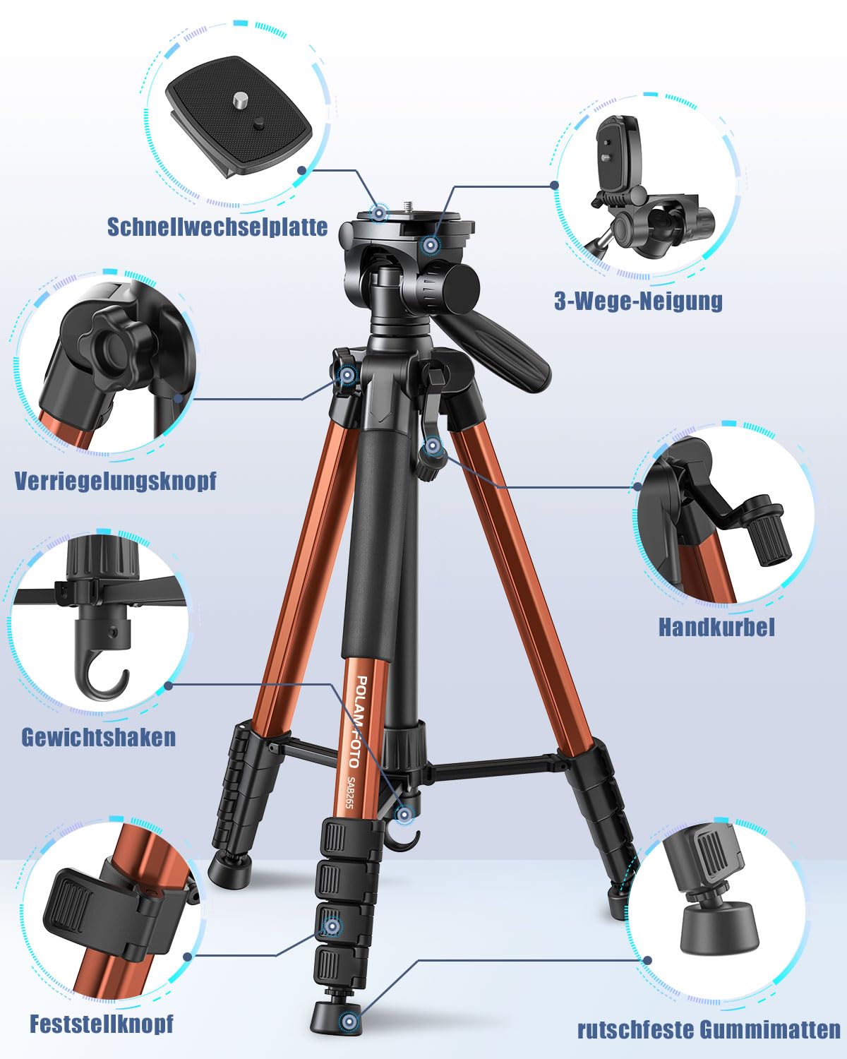 POLAM-FOTO Kamera stativ, 188 cm, Reisestativ mit Tragetasche, mit Handyhalterung, Aluminium, für Mirrorless Camera/DSLR/Handy/Camcorder, robuster Ständer,（Gewicht 1,27 kg, Tragkraft 3,99 kg） Orange