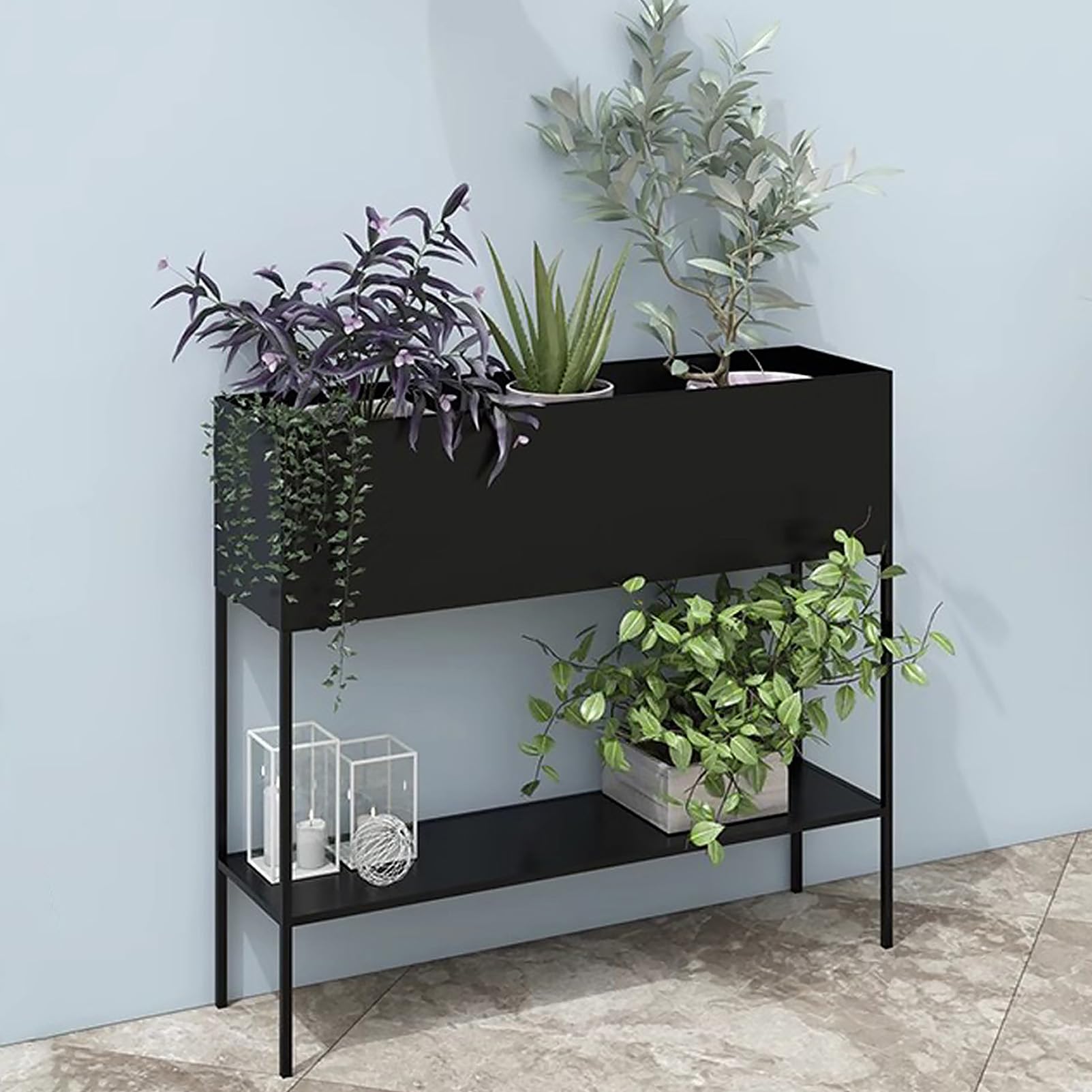 Support de plantes en métal noir multi-pots intérieur extérieur