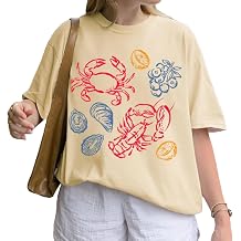 Cute Oversized Graphic Tee Teens Women Crab Fish Sardine Crawfish Lobster Shirt Y2k Summer T Shirt Coastal Clothes
