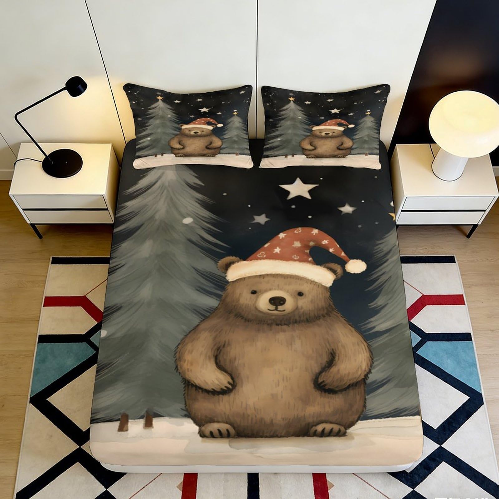 Tjiqhvmrn Style-5 3D Printed Christmas Bear Fitted Sheet Microfiber Deep Pocket Elastic Hem Bedroom Bedding Set Christmas Bear Mattress Fitted Cover All Ages Washable 90X200x25cm