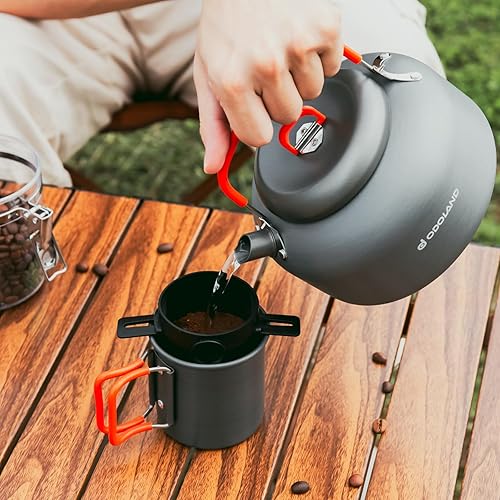 Miniatura 5 de Odoland Cafetera de camping Cafeteras de camping, hervidor de camping de 1.2 L con taza de camping y filtro de café de campamento de utensilios de