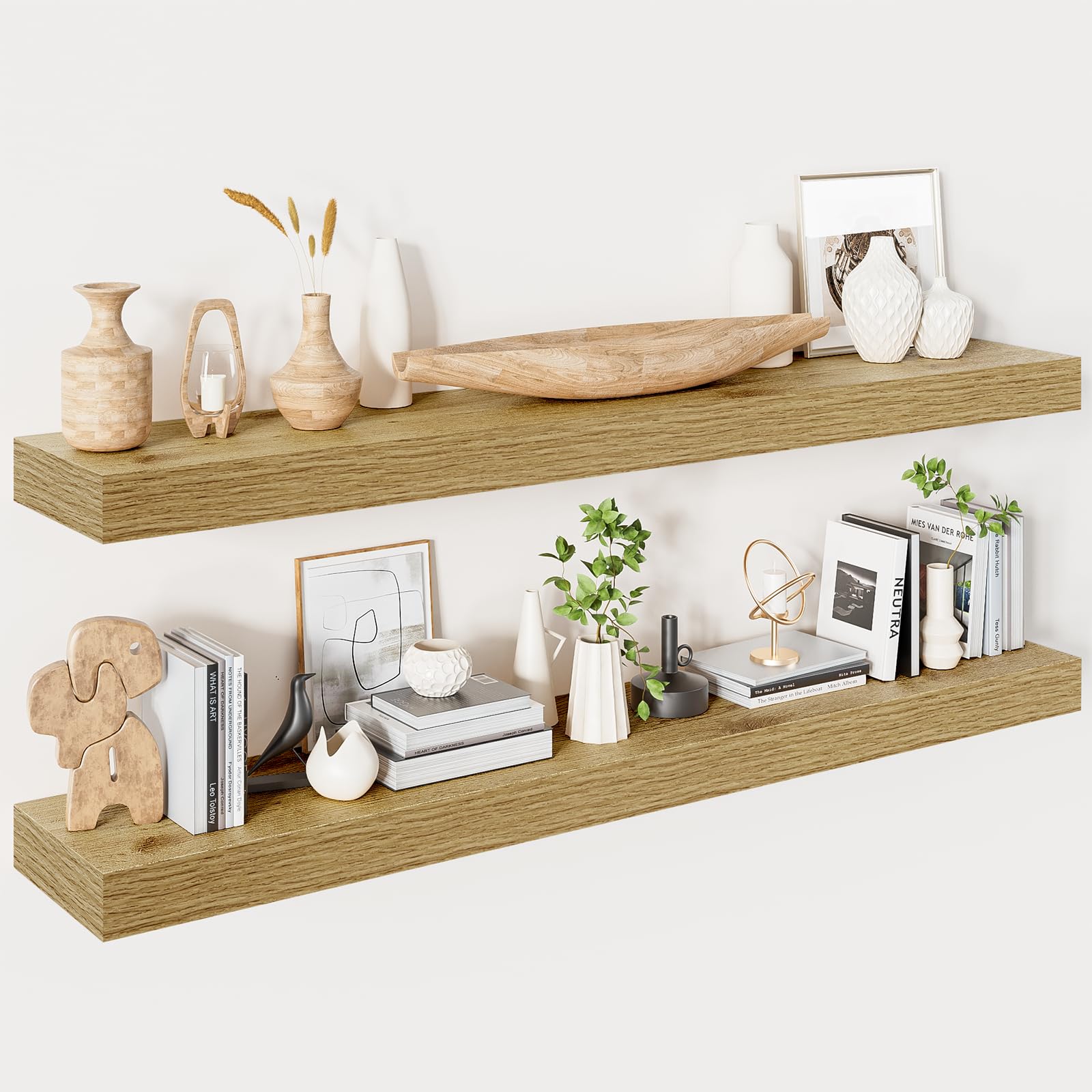 Heimlove Floating Shelves for Wall 48 Inches Long,9.3" Deep Oak Floating Shelf Set of 2,Wall Mounted Wood Shelves for Bathroom Bedroom Living Room