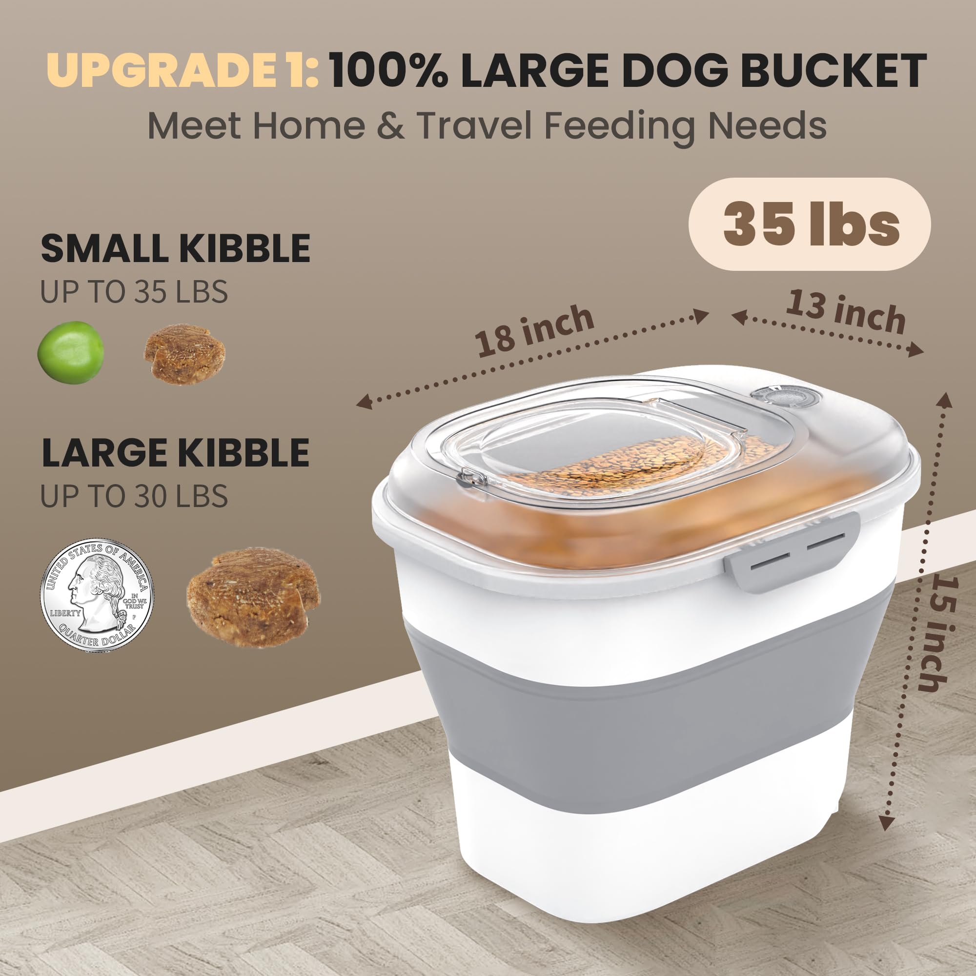 Contenedor de almacenamiento de alimentos para perros de 32 a 35 libras, contenedor plegable de comida para perros con tapa hermética transparente, ruedas, pista de fecha, contenedor de