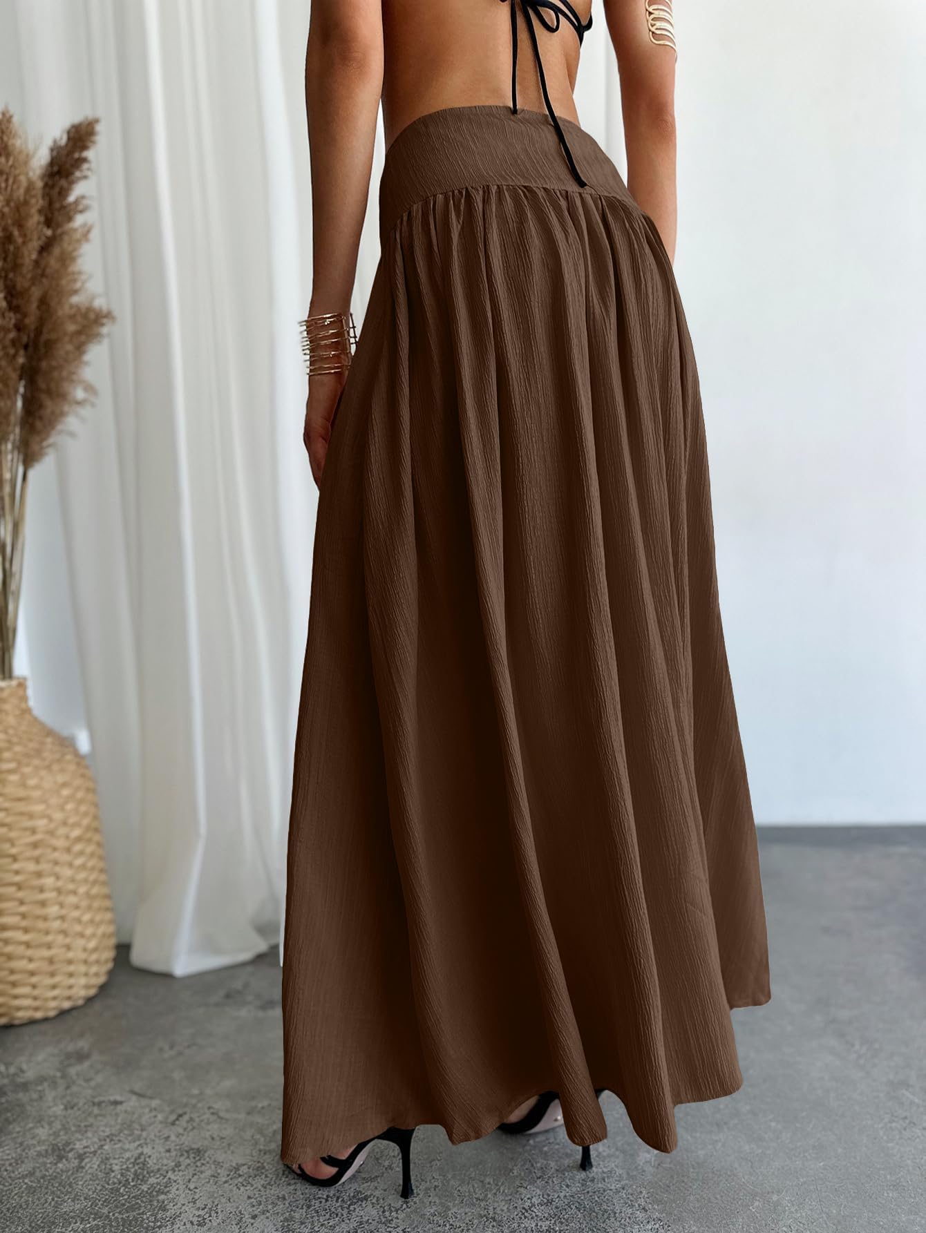 Women's Long Pleated Flowy Maxi Skirt High Waist with Pockets Casual Boho Fashion Style Skirt