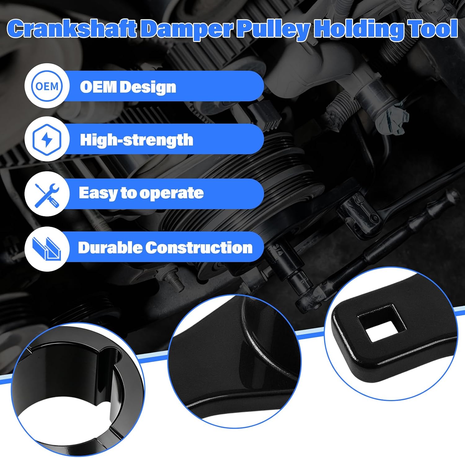 Crankshaft Damper Pulley Holding Tool for Toyota Lexus 3.0L 3.3L V6 4.0L 4.3L 4.7L V8, Harmonic Balancer Pulley Holder Removal Wrench, Crankshaft Crank Holding Tool with 2PCS Crank Bolts