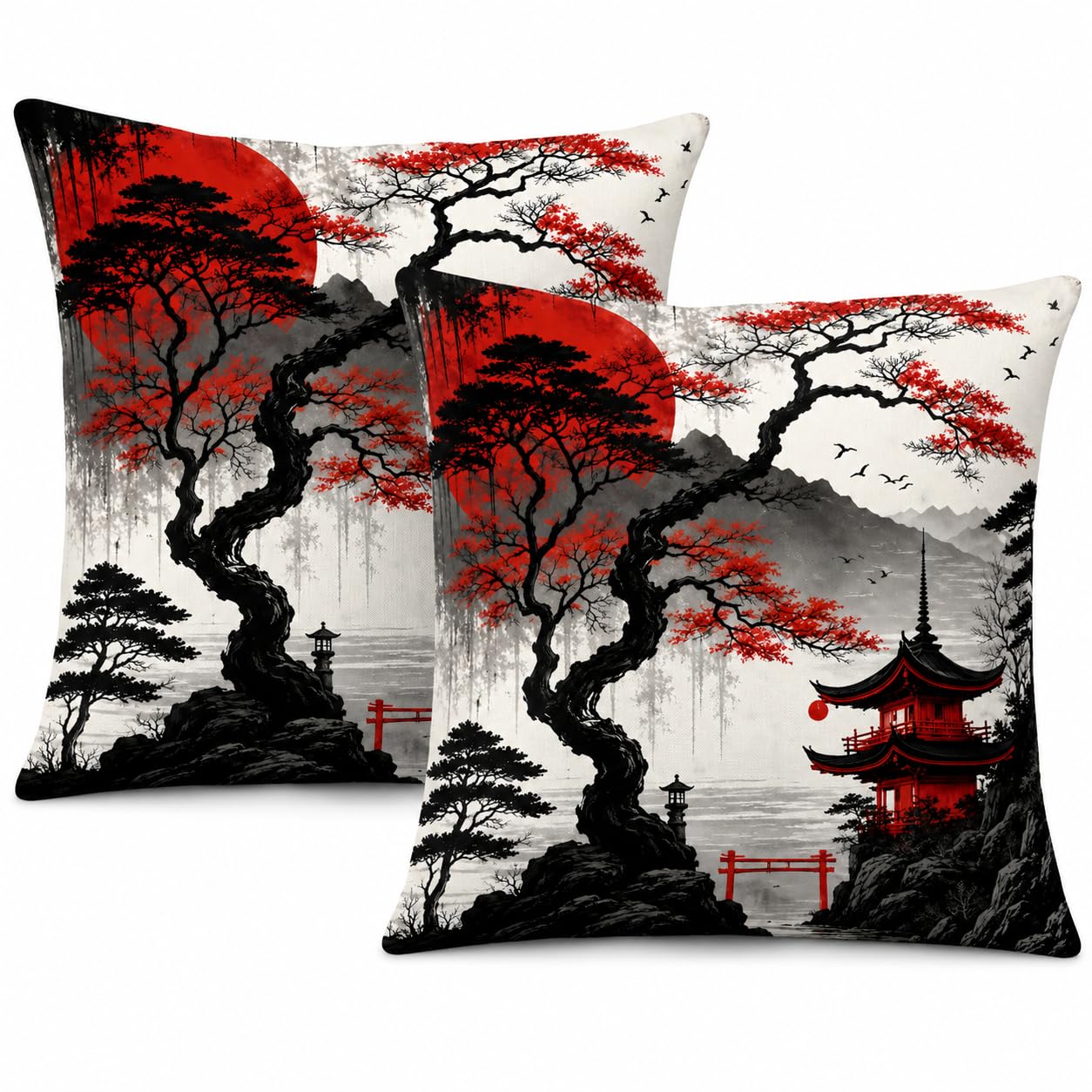 Japanese Landscape Cushion Covers 45x45cm Pack of 2, Red Sun Pagoda Tree Decorative Throw Pillow Covers with Hidden Zipper, Square Sofa Cushion Covers for Living Room Bedroom Home Decor, 18x18 Inch