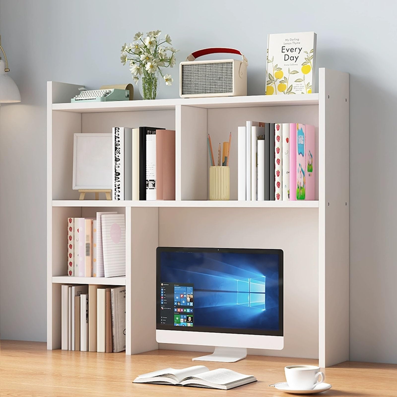CWCQGH Dorm Room Desk Organizer - Teacher's Computer Table with Cubbies, Home Office Storage Solution, Stylish Bedroom Desk Shelf for Maximum Space Efficiency,White-80cm/31.5in