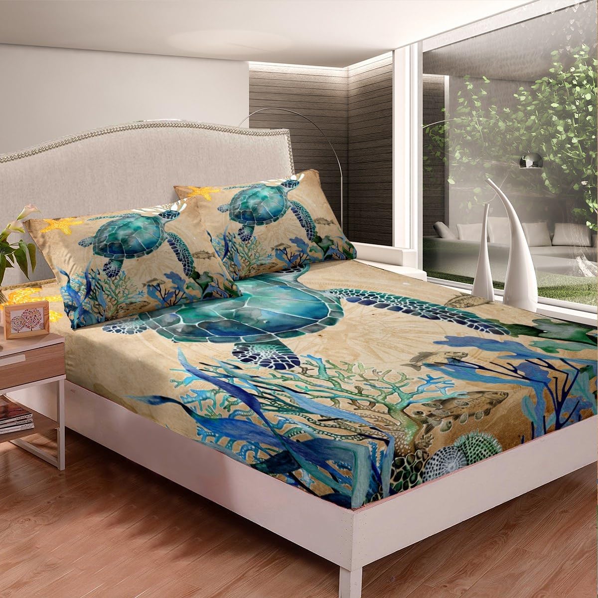 Ocean Turtle Bed Sheet Set Reptile Tortoise Print Bedding Sheet Sea Turtle Fitted Sheet for Boys Girls Children Teens Bedroom Decor Marine Comforter Cover Underwater Animal Queen with 2 Pillow Case