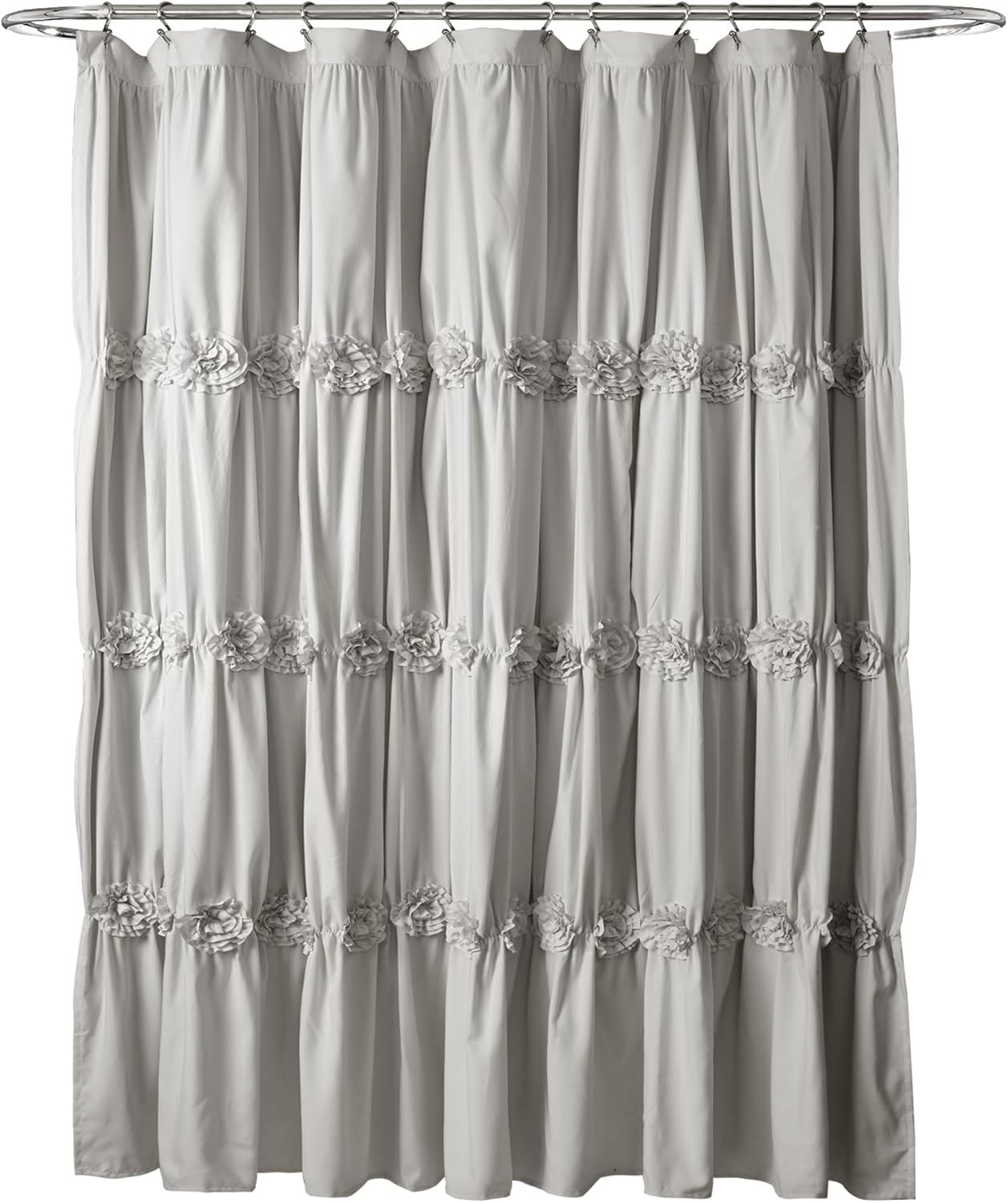 Lush Decor Darla Ruched Floral Bathroom Shower Curtain, 72” x 72”, Light Gray