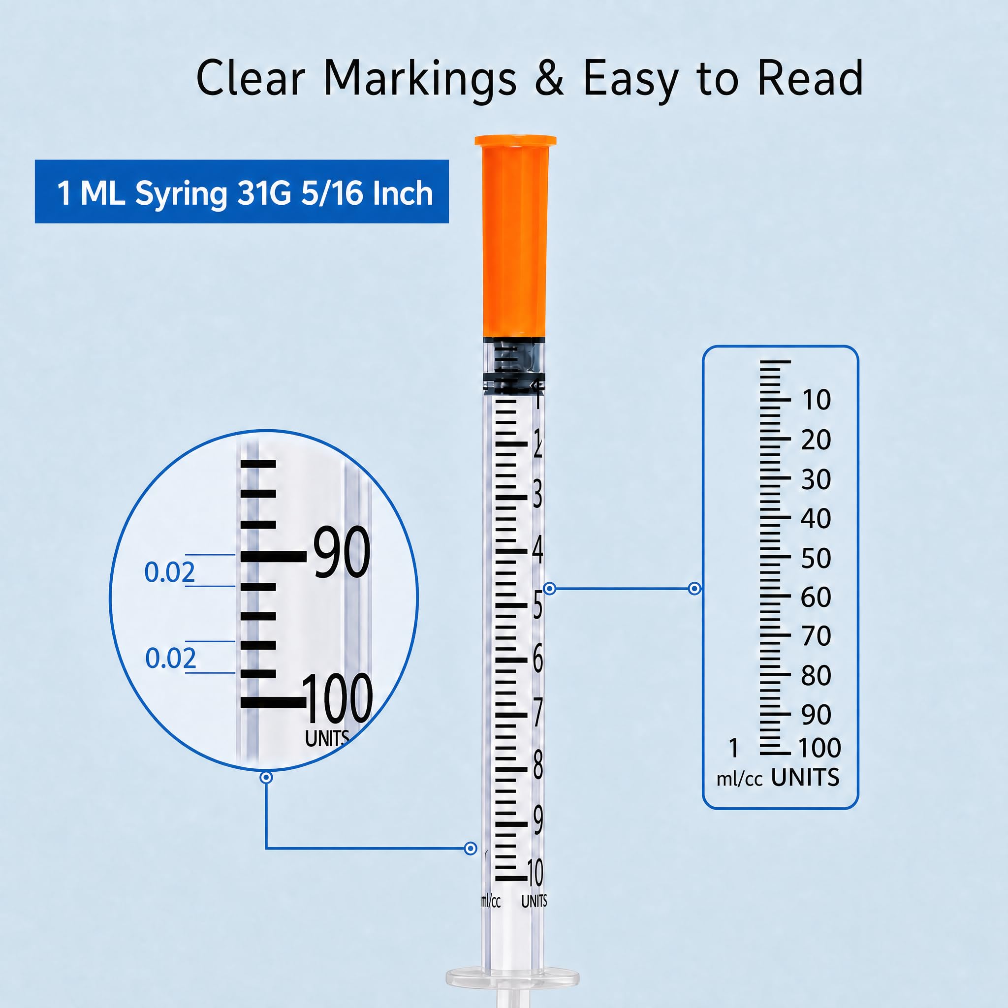 U-100 Syringes with Needle, 1ml 31 Gauge 5/16" (8mm), Pack of 100 — Amazon image 3