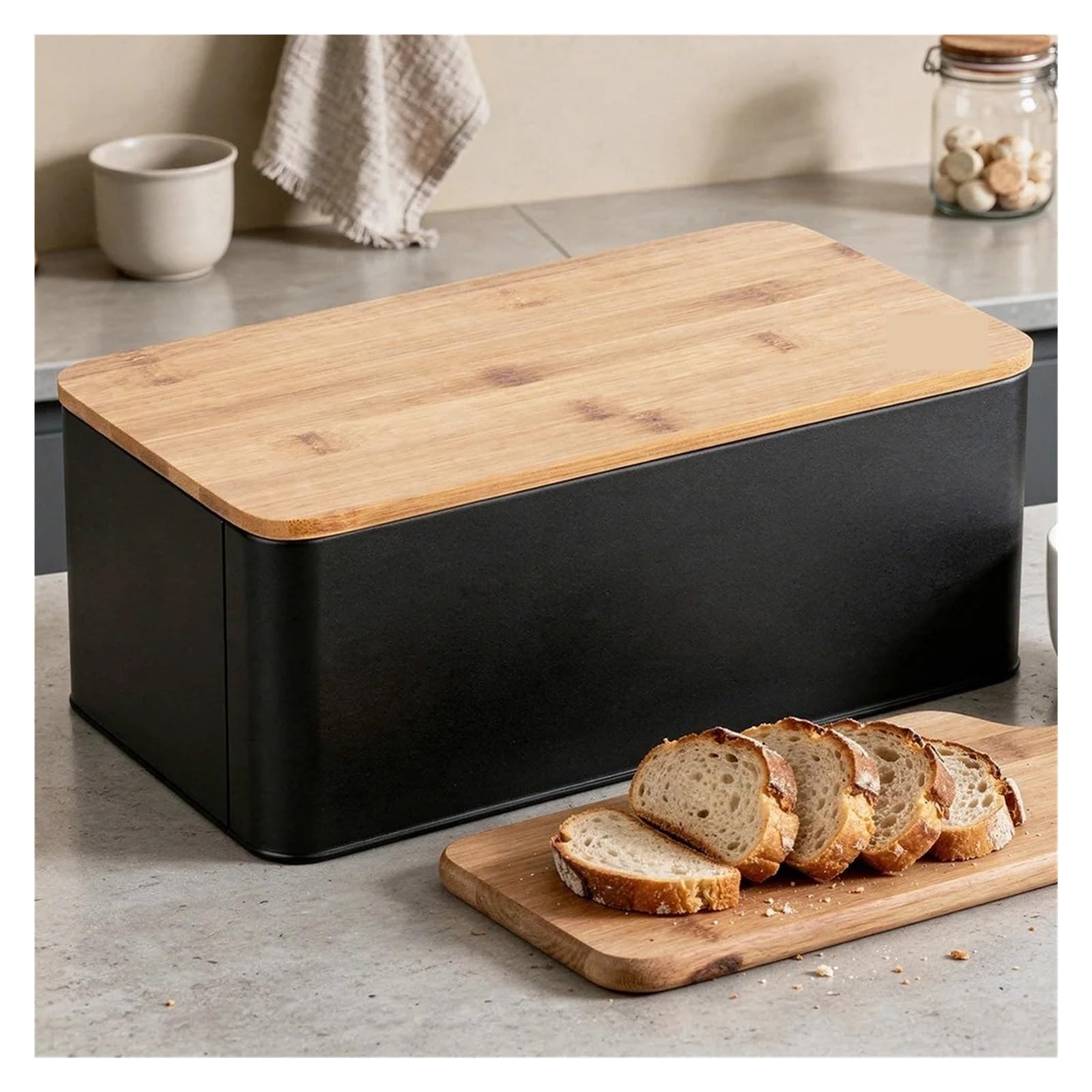 Portapane In Metallo Con Tagliere In Bambù Nero 33x18x13 Cm Contenitori Di Facile Accesso
