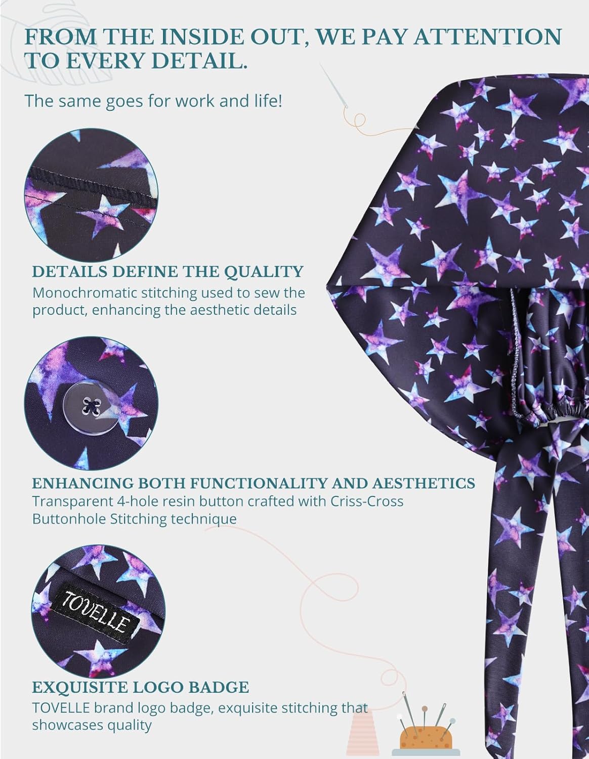 Scrub Caps for Men and Women with Buttons, Adjustable Helps Reduce Static Buildup Medical Hats,Breathable Surgical Caps - Image 2