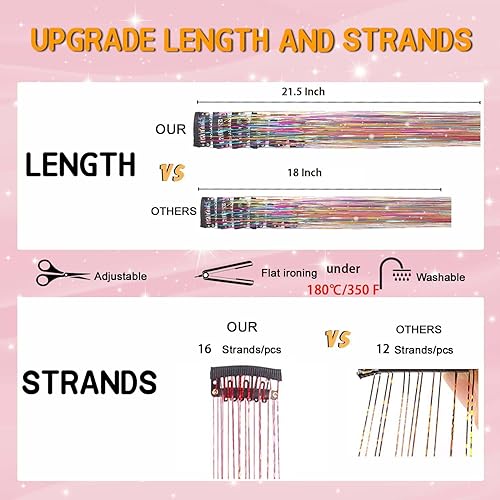 Miniatura 3 de Extensiones de cabello de oropel con clip, kit de oropel de cabello con purpurina para mujer, resistente al calor, 21.5 pulgadas, 12 piezas,
