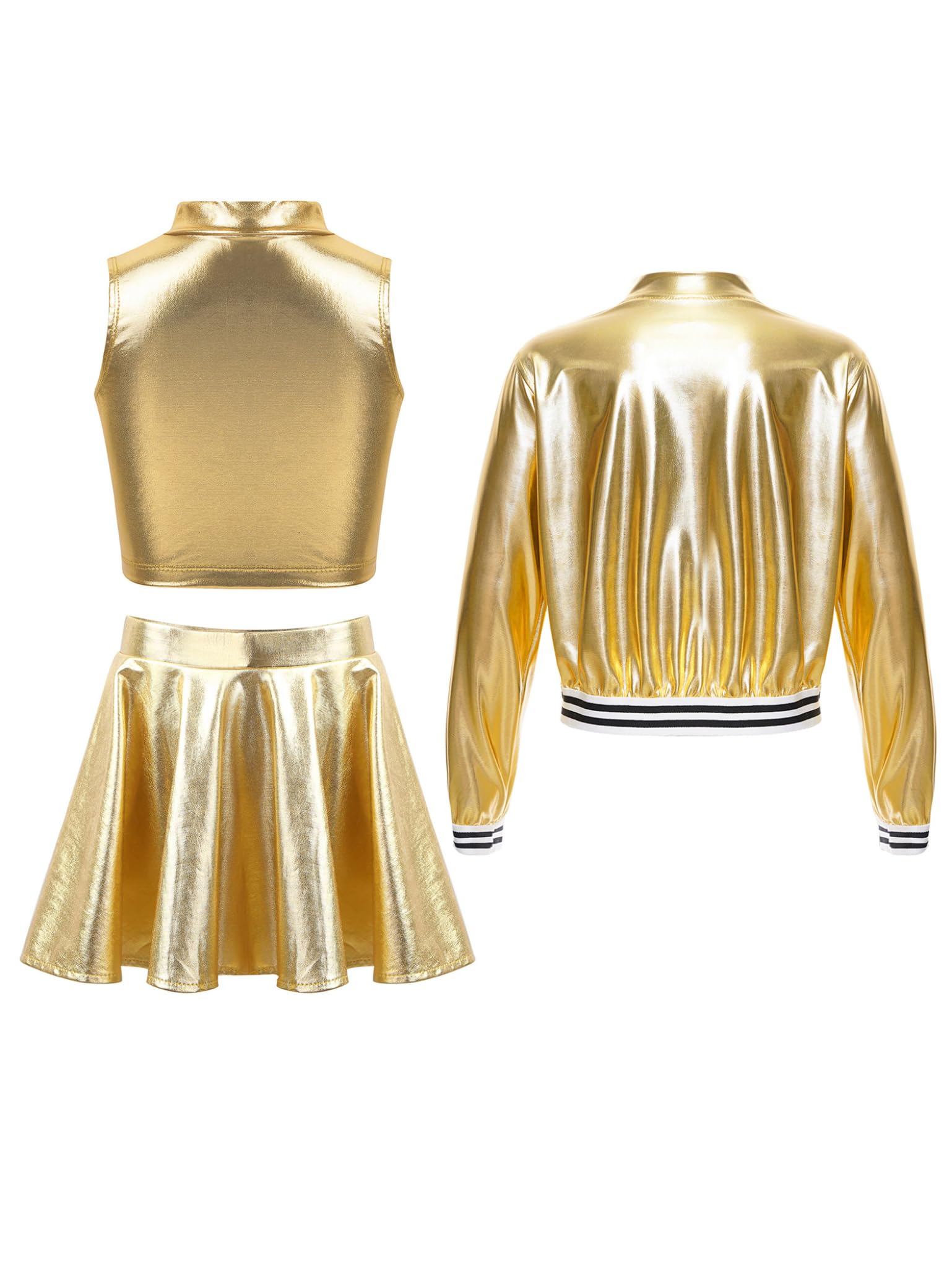 Lejafay Mädchen Glitzer 3Pcs Outfit Metallic Bomberjacke Crop Top und Skater Kinder Disco Rock Jazz Tanz Party Karneval Festival Bekleidungsse Jacke