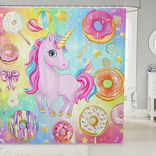 Cartoon Unicorn Shower Curtain Cartoon Candy Doughnut Dessert Bathroom Curtain for Kids Girls Teens Colorful Gradient Decor Print Cute Animal Bath Curtain for Room with 12 Hooks 72" W x 72" L