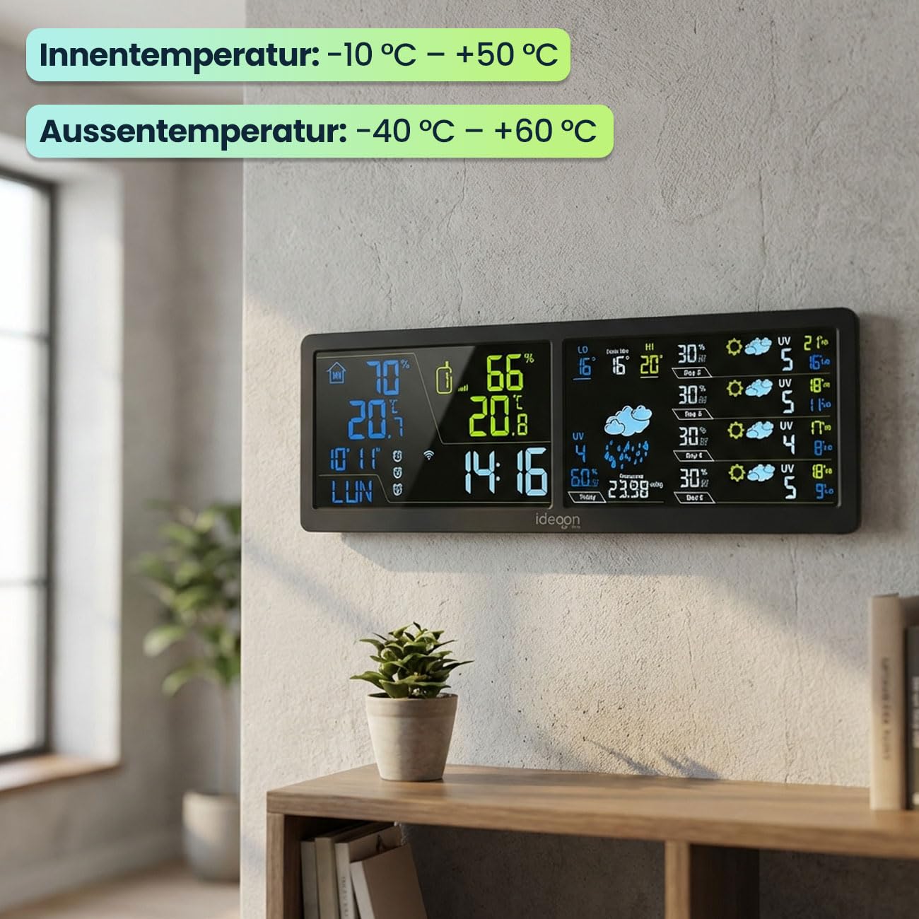 ideoon WLAN Wetterstation mit App & XXL Display: Tuya Smart Home, Aussen-Sensor, Weck-Alarm - Temperatur, Feuchtigkeit, UV Index, Wettervorhersage & mehr
