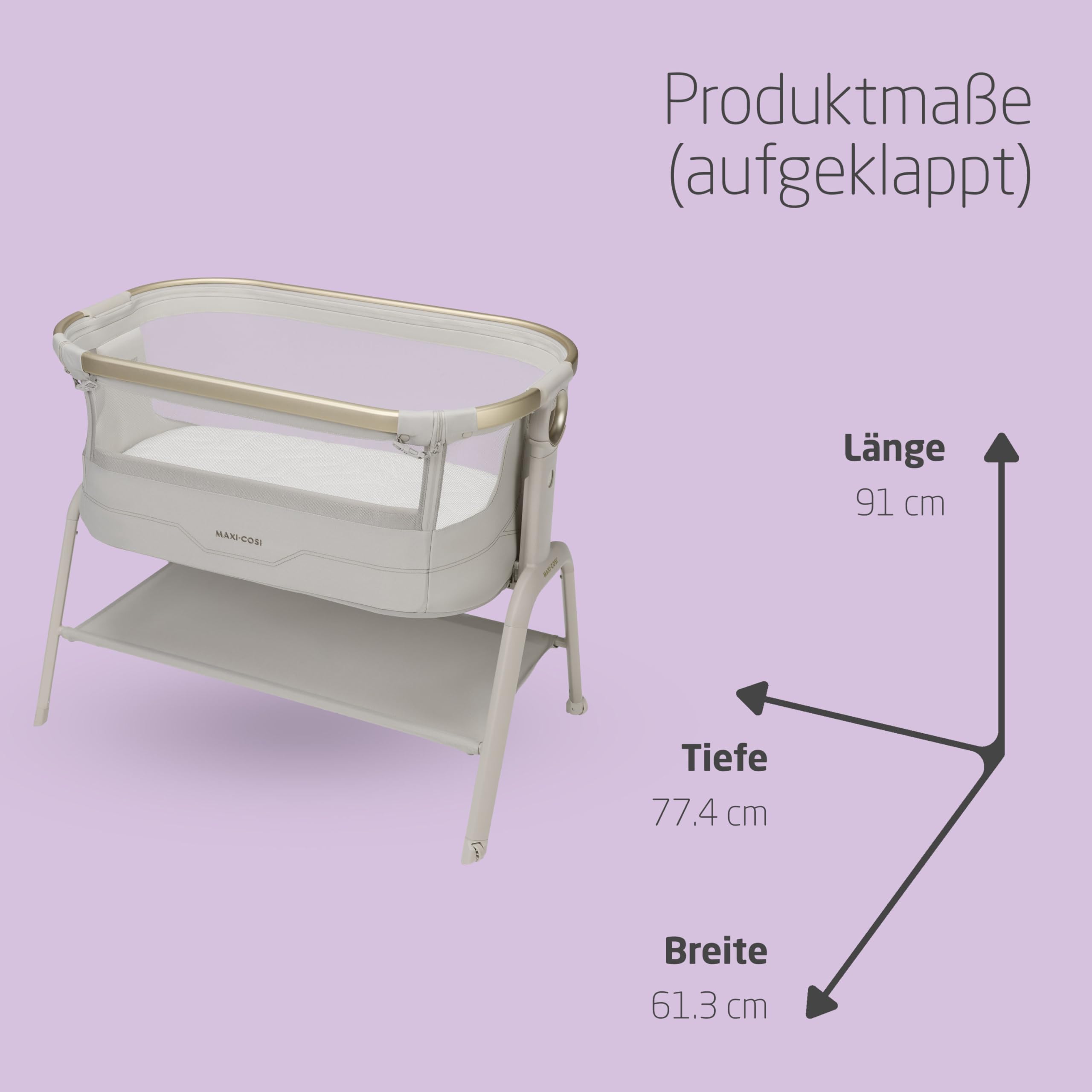 Maxi Cosi Iora² Baby Stubenbett, 0–6 kg, Klappbares Beistellbett, 5 cm CloudCore-Matratze, 5 Höhenstufen, Elegance Beige