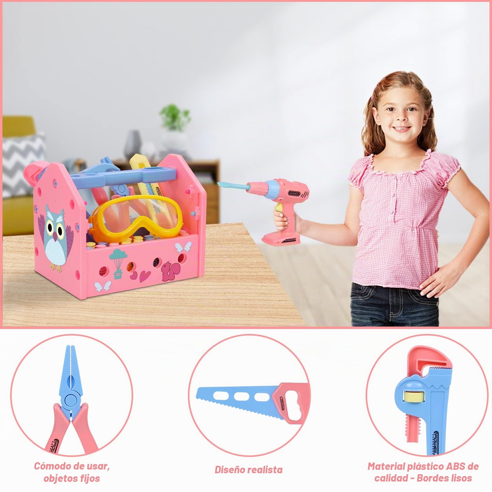 Gifts2U Juego de Herramientas de Juguete para Niñas,Accesorios de Construcción,Juguetes con Sombrero,Caja de Herramientas,Cinta Métrica,Martillo Regalo para Niños Niñas 3 4 5 6 Años