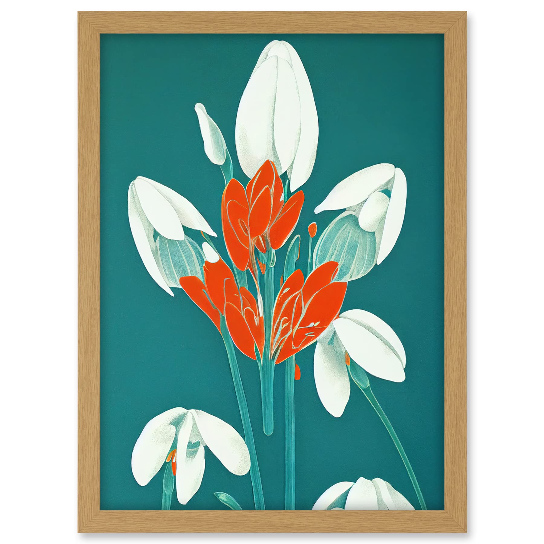 Wee Blue Coo Abstract Snowdrops Red Flowers on Teal Retro Mid Century Style Artwork Framed A3 Wall Art Print